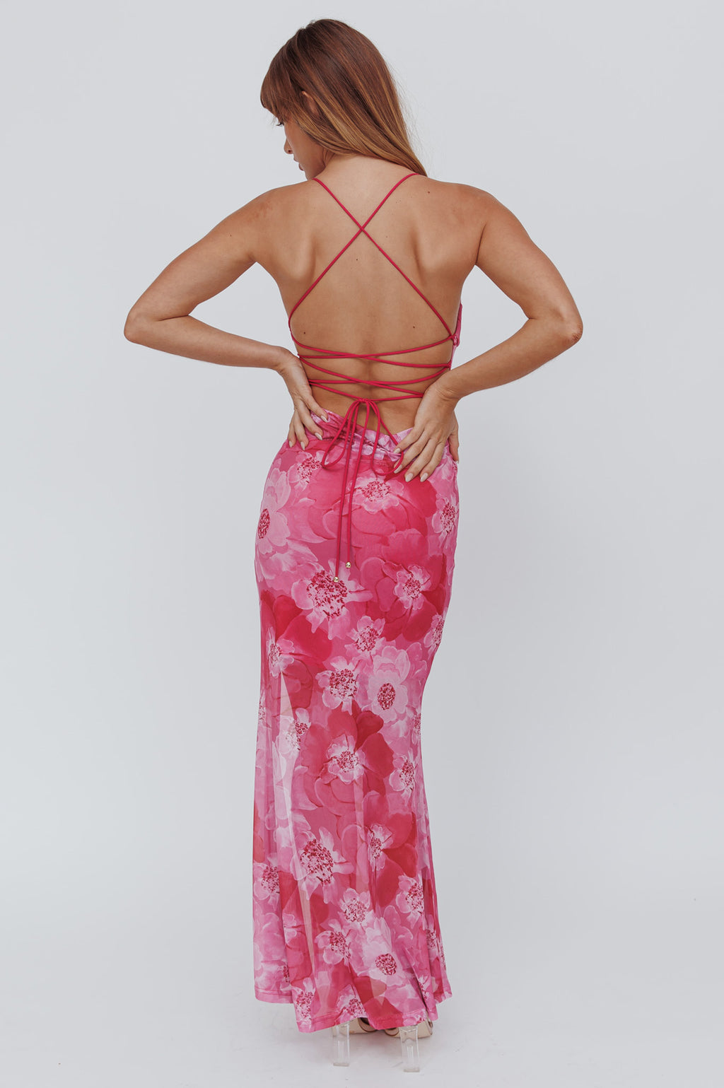 Osaka Sun Lace-Up Back Mesh Dress Pink by Selfie Leslie Australia