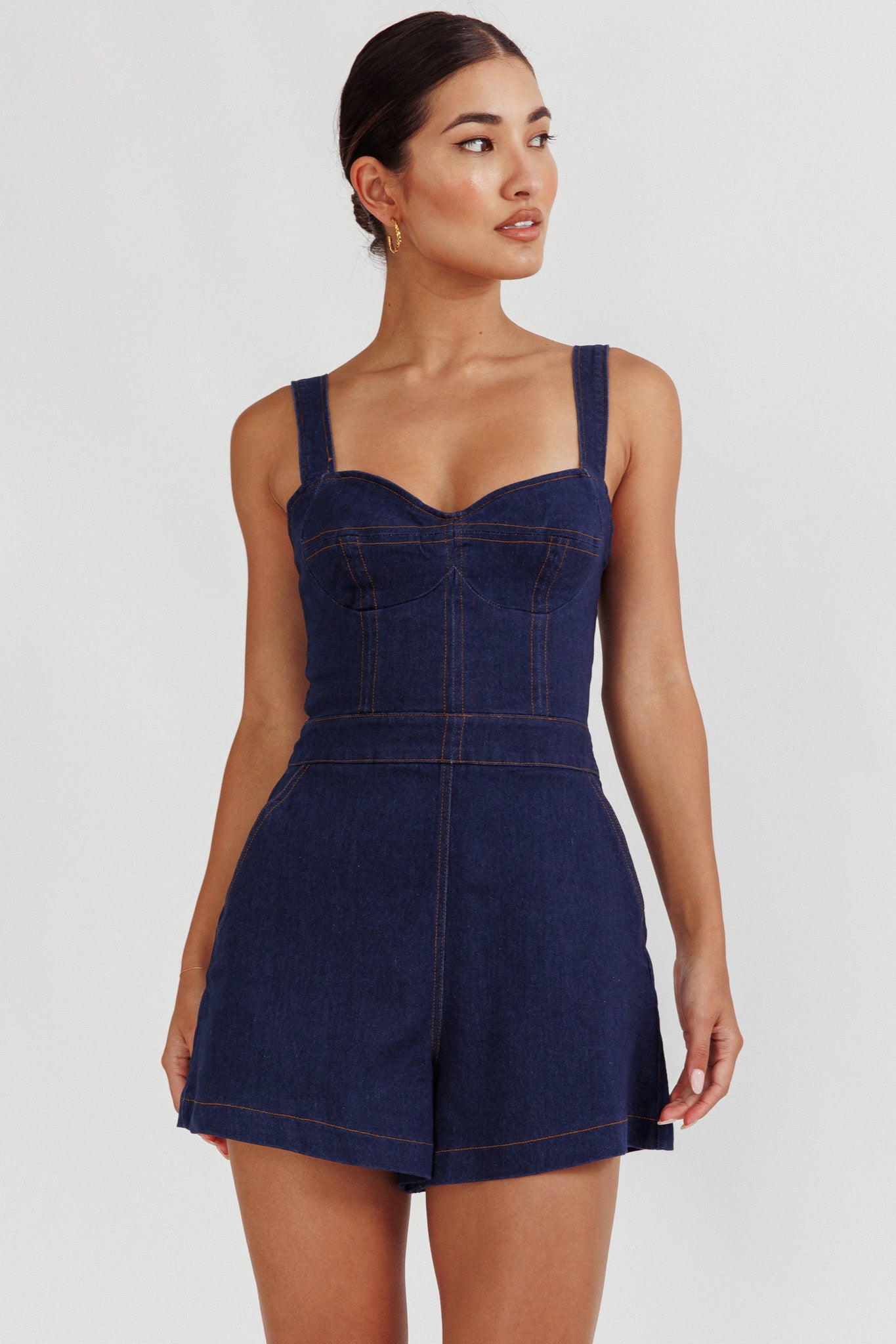 Tease Me Sweetheart Neckline Denim Romper Indigo by Selfie Leslie Australia