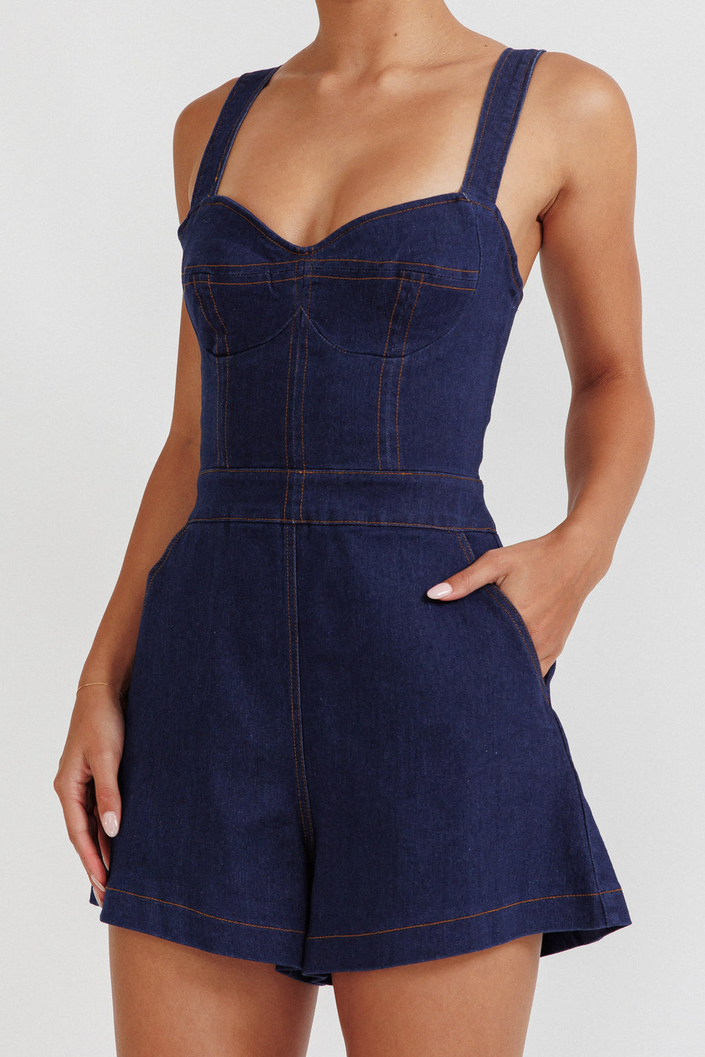 Tease Me Sweetheart Neckline Denim Romper Indigo by Selfie Leslie Australia