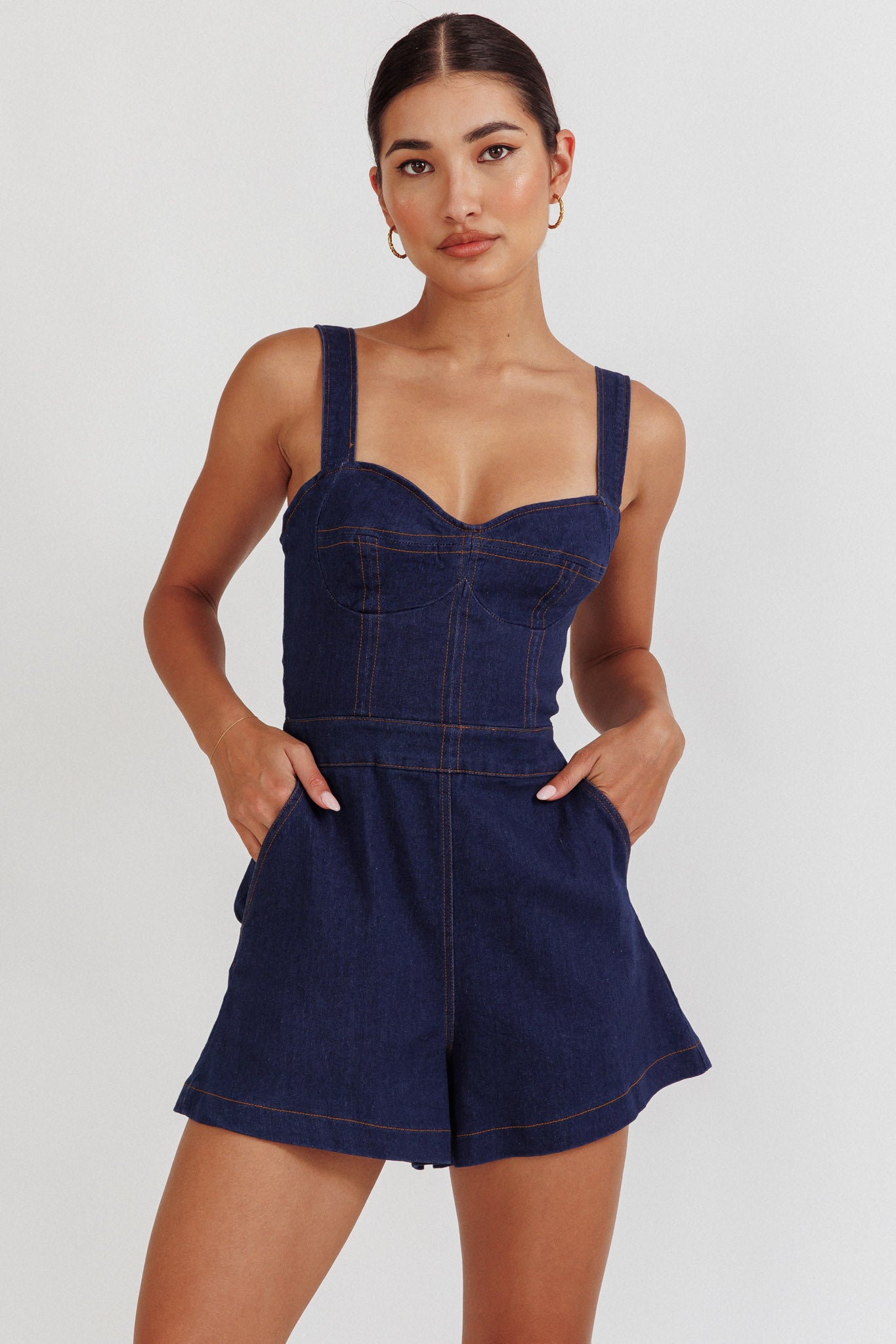 Tease Me Sweetheart Neckline Denim Romper Indigo by Selfie Leslie Australia