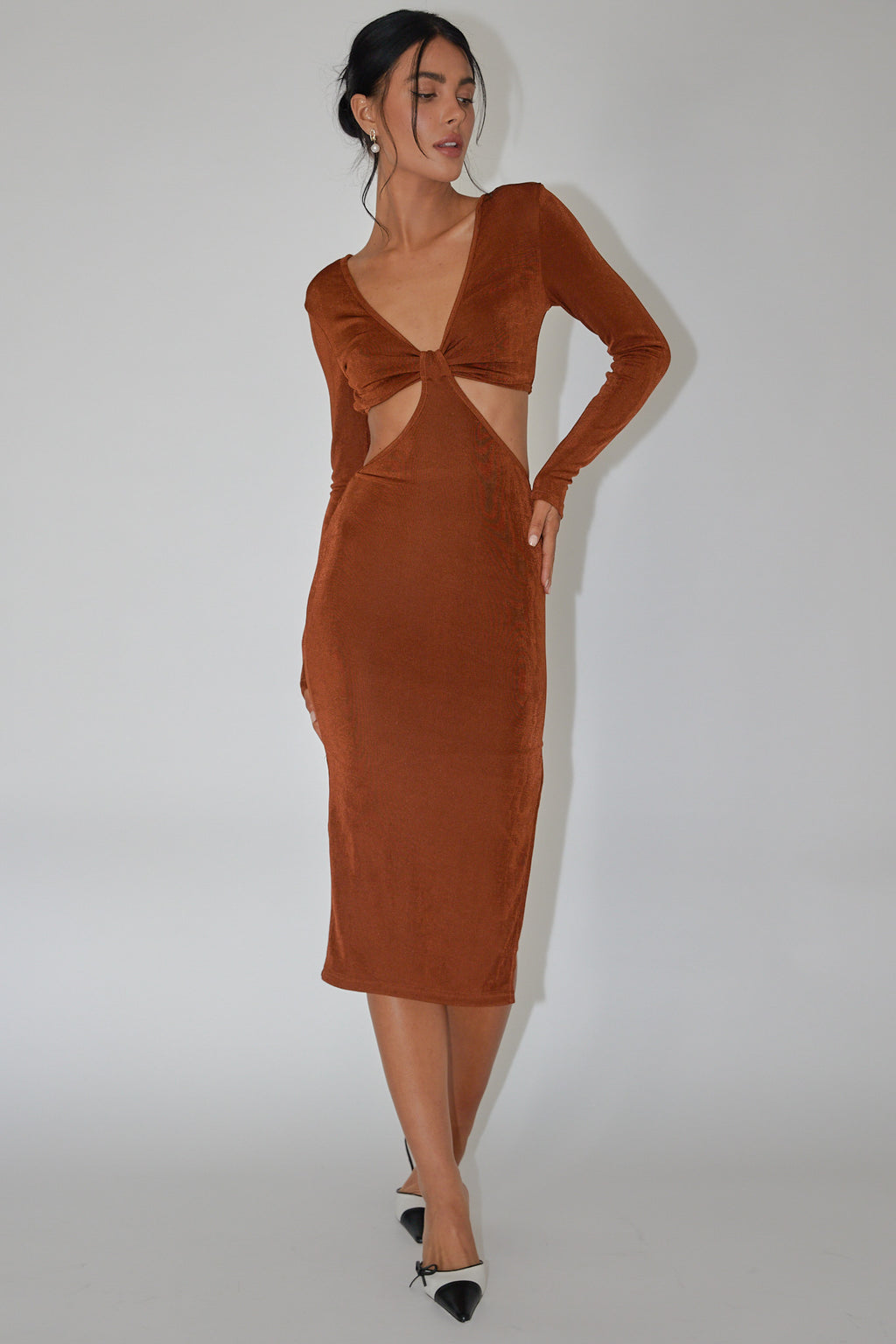 Acapulco Long Sleeve Cut-Out Waist Side Split Midi Jersey Dress Chocolate by Selfie Leslie Australia