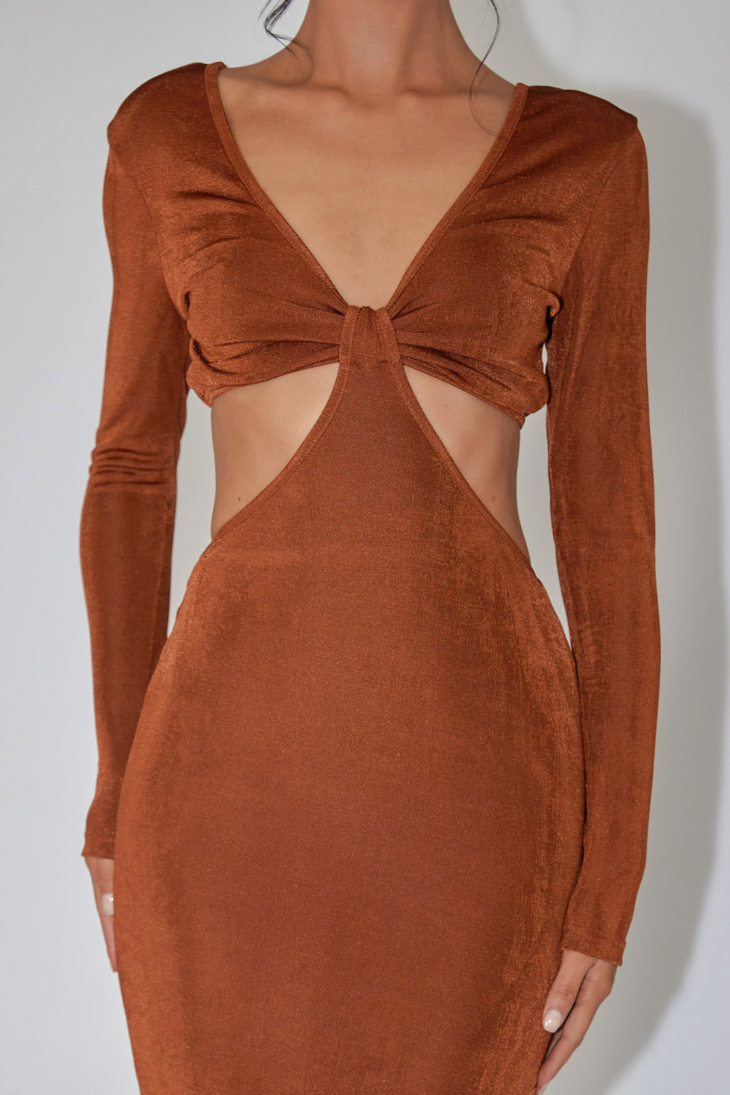 Acapulco Long Sleeve Cut-Out Waist Side Split Midi Jersey Dress Chocolate by Selfie Leslie Australia