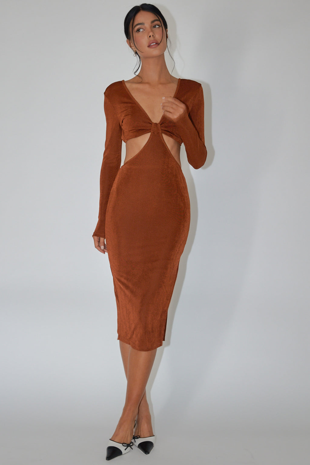 Acapulco Long Sleeve Cut-Out Waist Side Split Midi Jersey Dress Chocolate by Selfie Leslie Australia