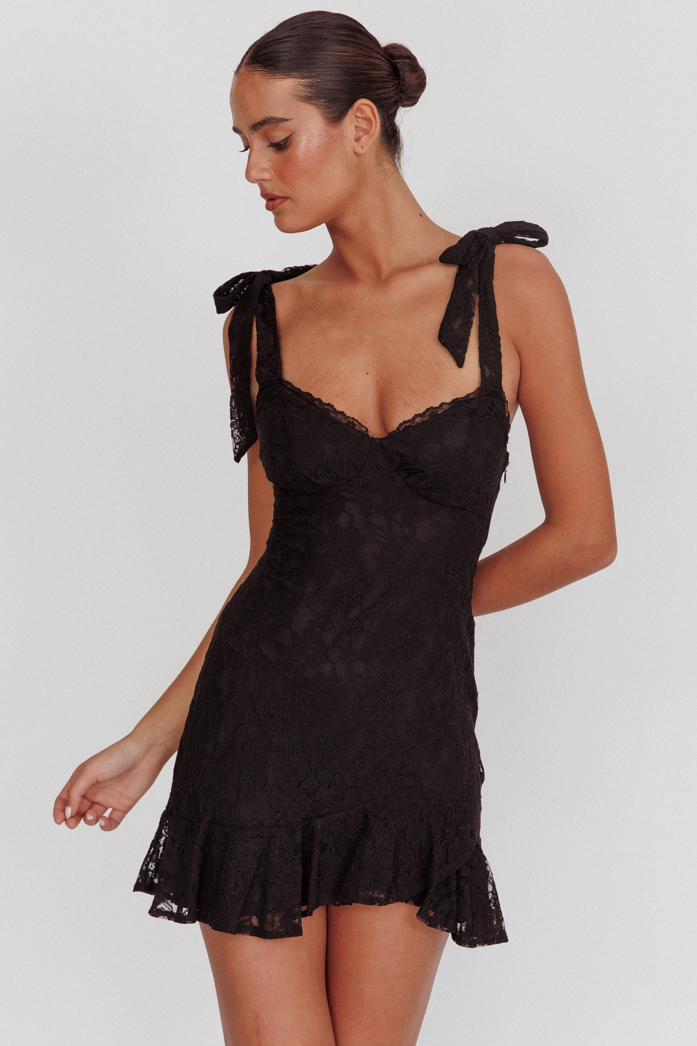 Emine Bow Shoulder Lace Mini Dress Black by Selfie Leslie Australia