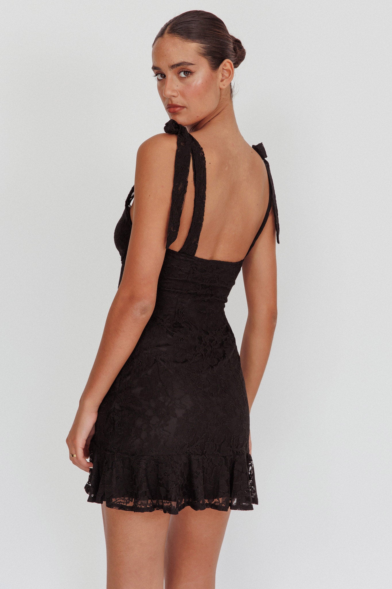 Emine Bow Shoulder Lace Mini Dress Black by Selfie Leslie Australia