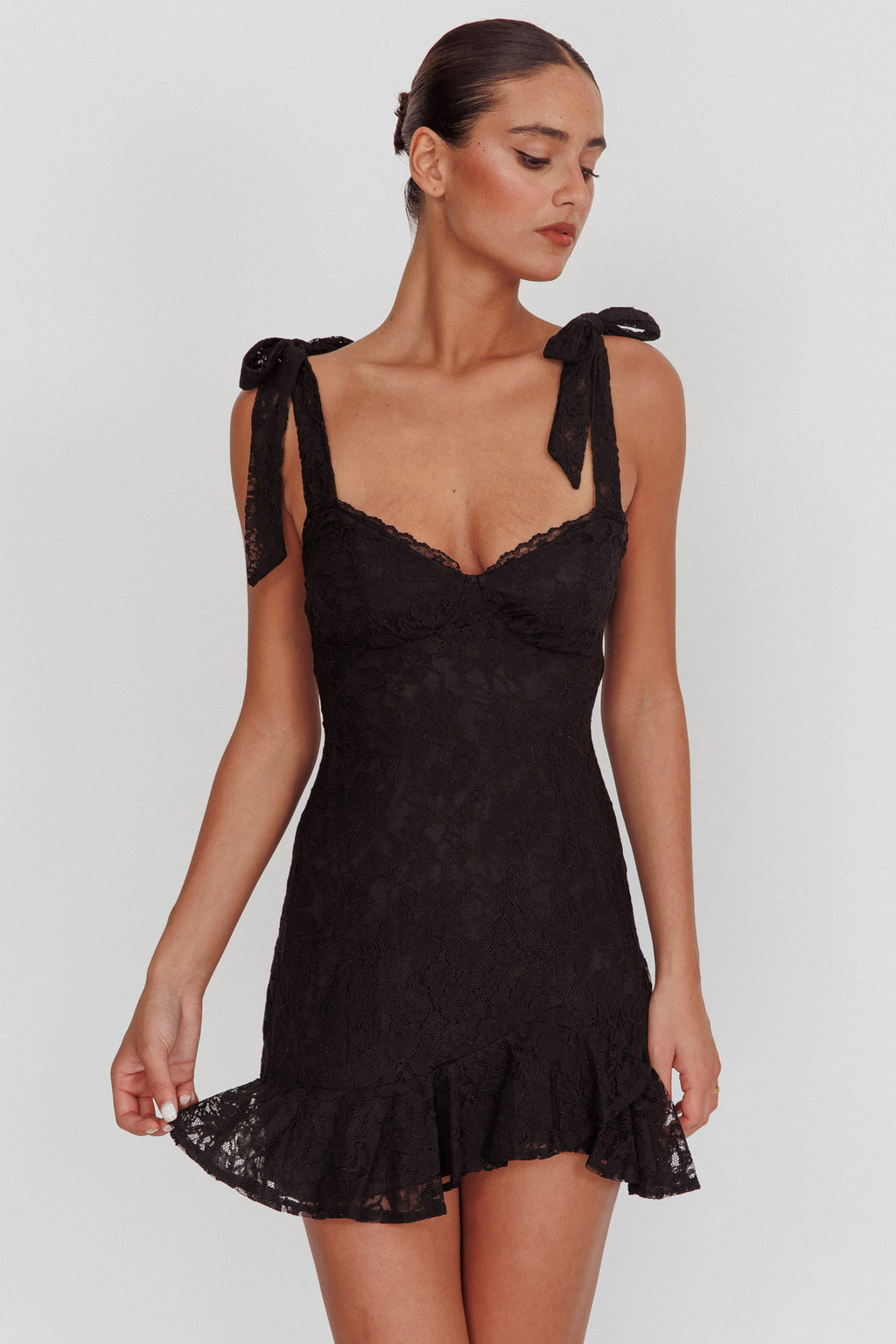 Emine Bow Shoulder Lace Mini Dress Black by Selfie Leslie Australia