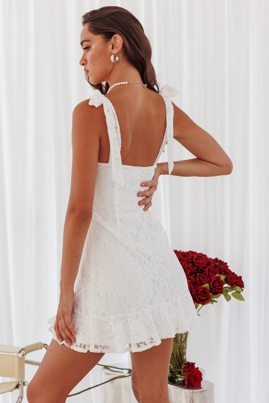 Emine Bow Shoulder Lace Mini Dress White by Selfie Leslie Australia