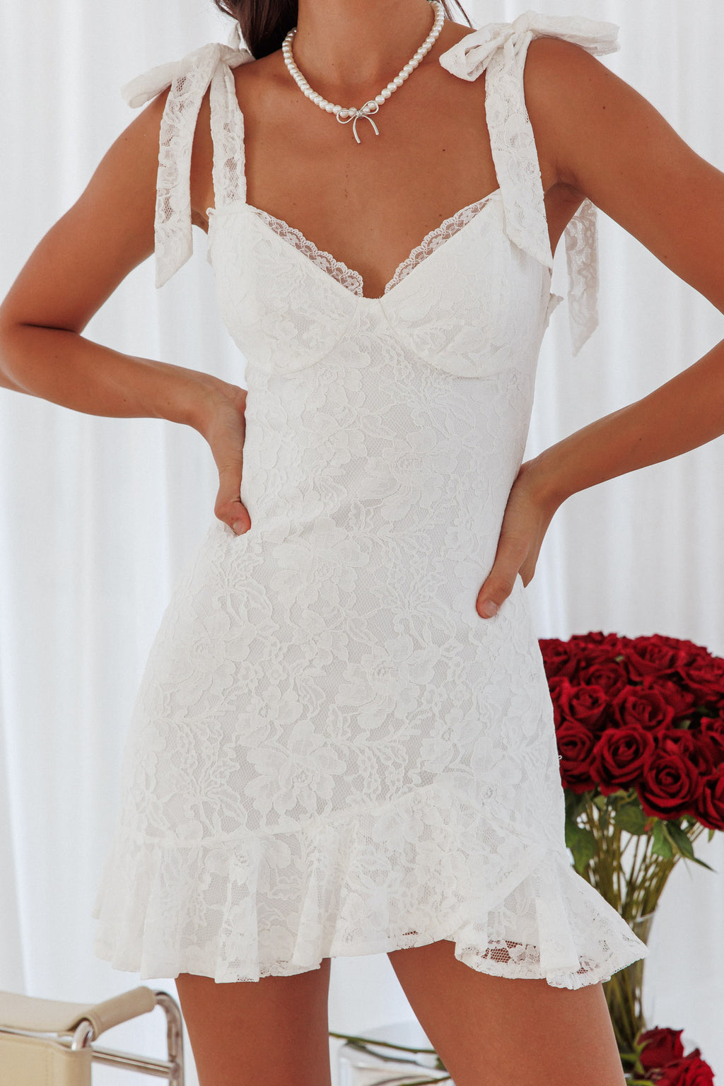 Emine Bow Shoulder Lace Mini Dress White by Selfie Leslie Australia
