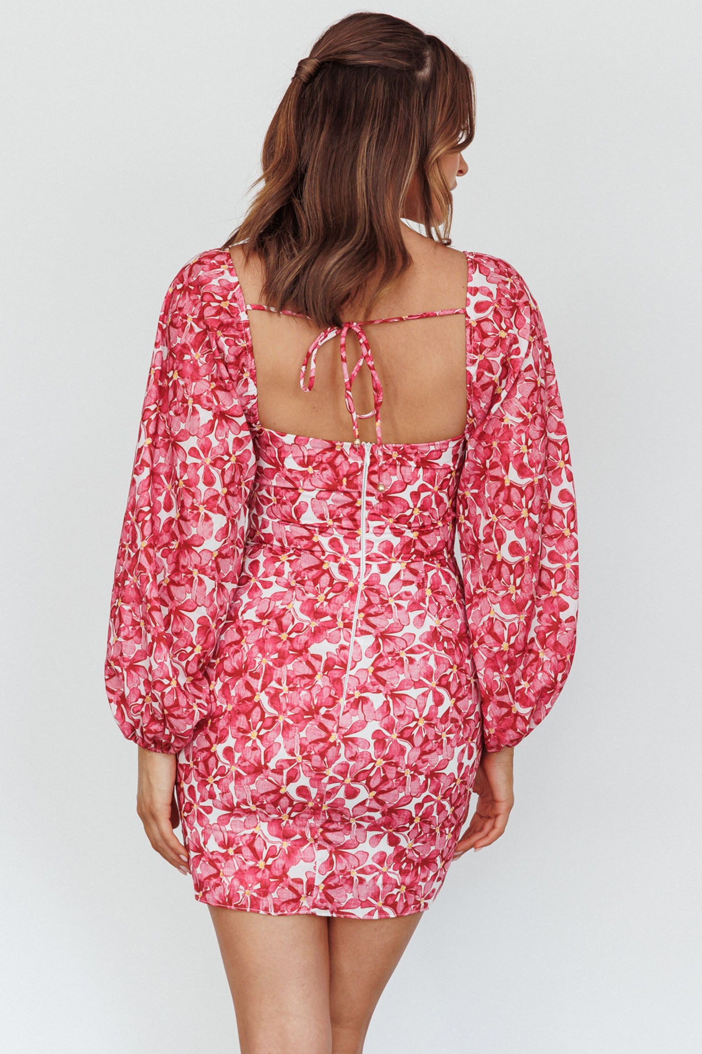 Beaujolais Long Sleeve Ruched Mini Dress Floral Pink by Selfie Leslie Australia