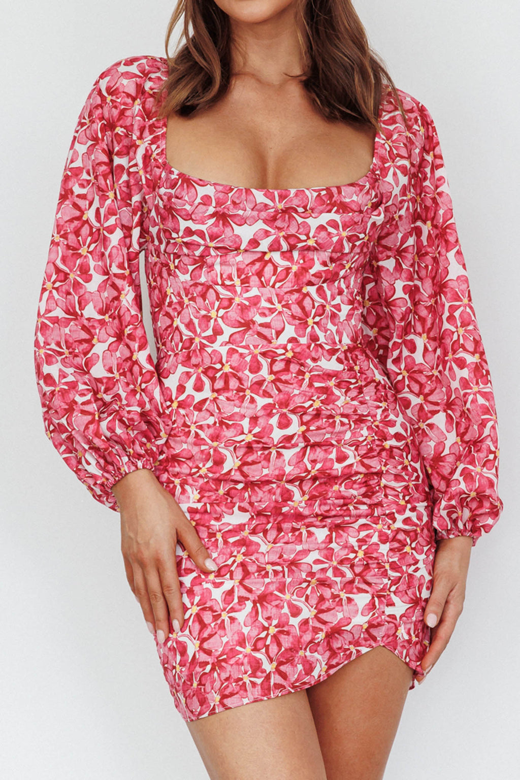 Beaujolais Long Sleeve Ruched Mini Dress Floral Pink by Selfie Leslie Australia