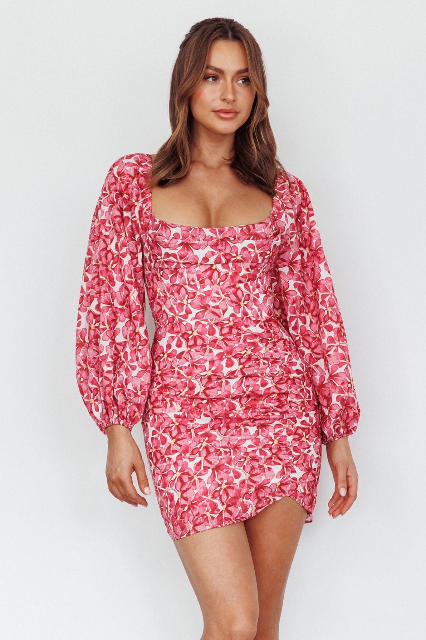 Beaujolais Long Sleeve Ruched Mini Dress Floral Pink by Selfie Leslie Australia
