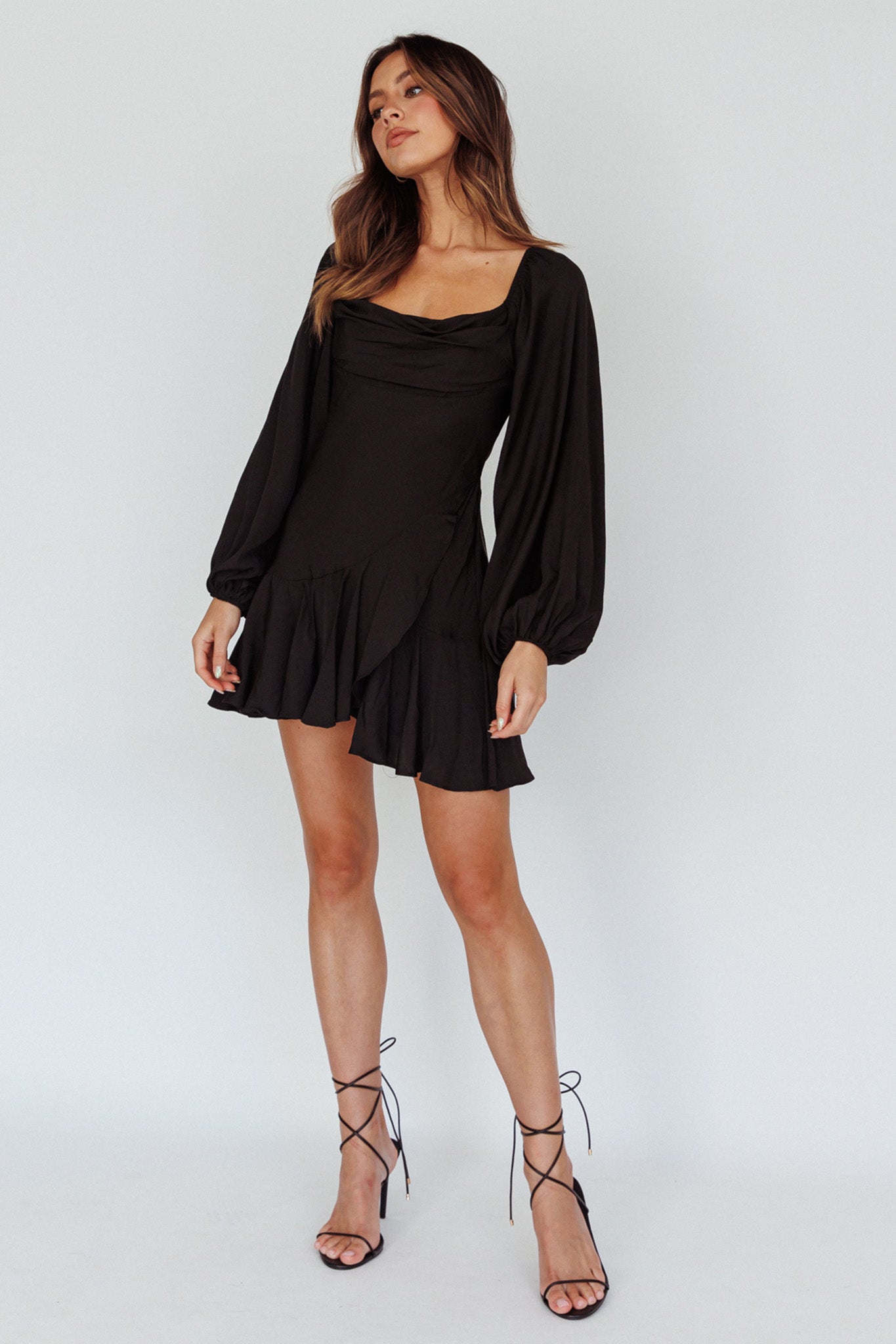Beaujolais Long Sleeve Cowl Neckline Ruffle Satin Mini Dress Black by Selfie Leslie Australia