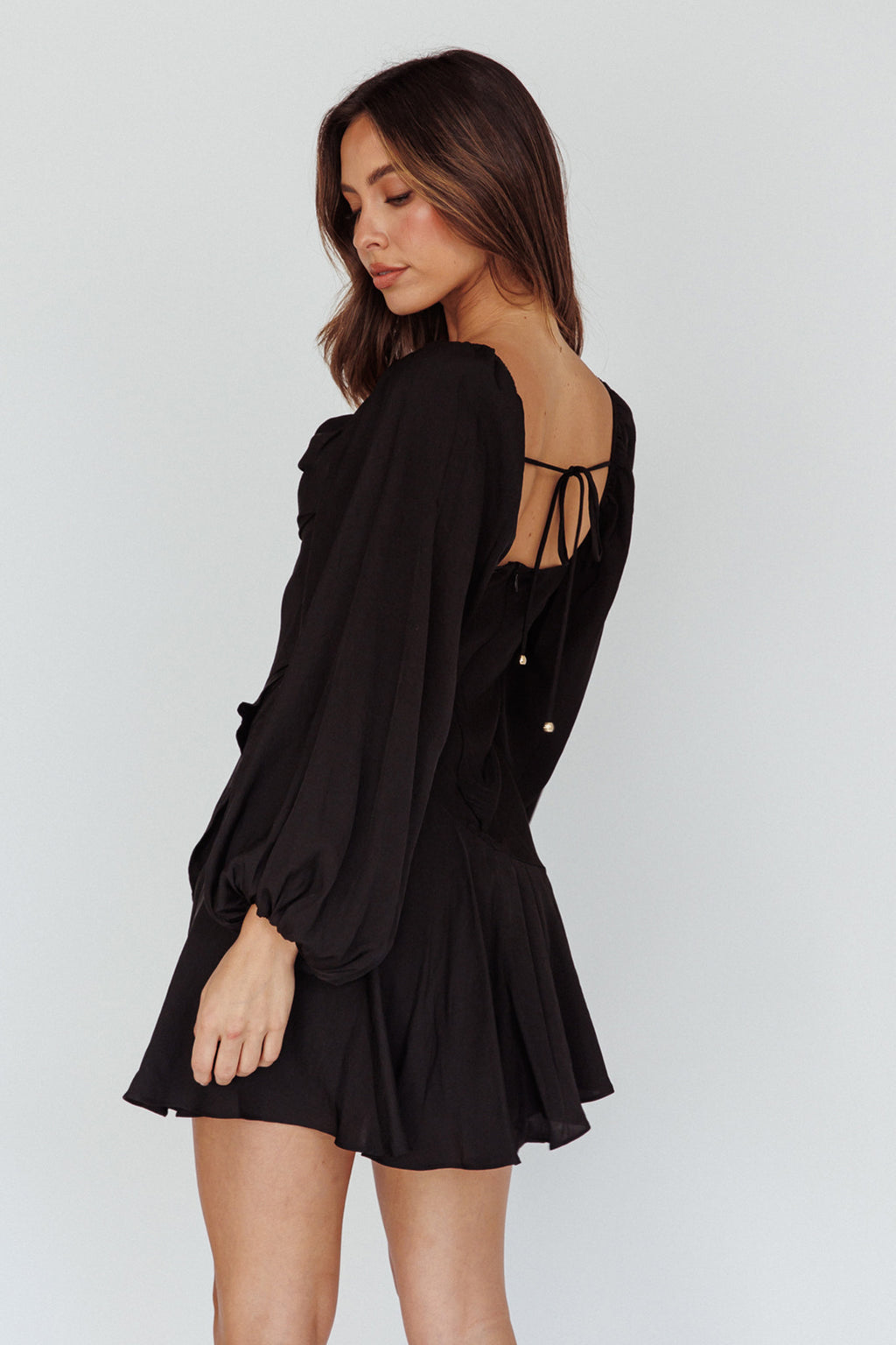 Beaujolais Long Sleeve Cowl Neckline Ruffle Satin Mini Dress Black by Selfie Leslie Australia