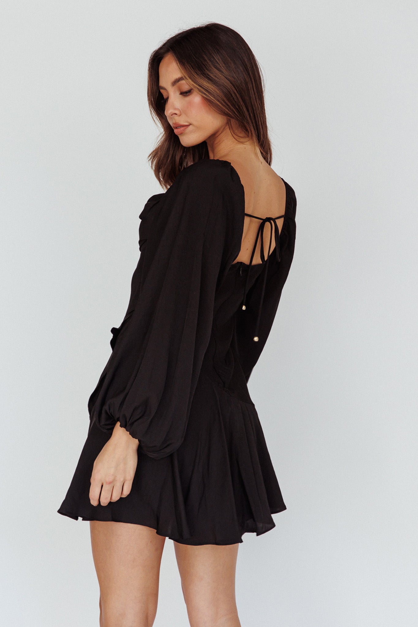 Beaujolais Long Sleeve Cowl Neckline Ruffle Satin Mini Dress Black by Selfie Leslie Australia
