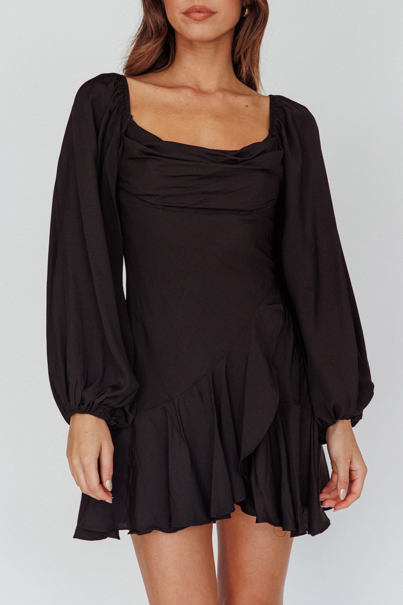 Beaujolais Long Sleeve Cowl Neckline Ruffle Satin Mini Dress Black by Selfie Leslie Australia