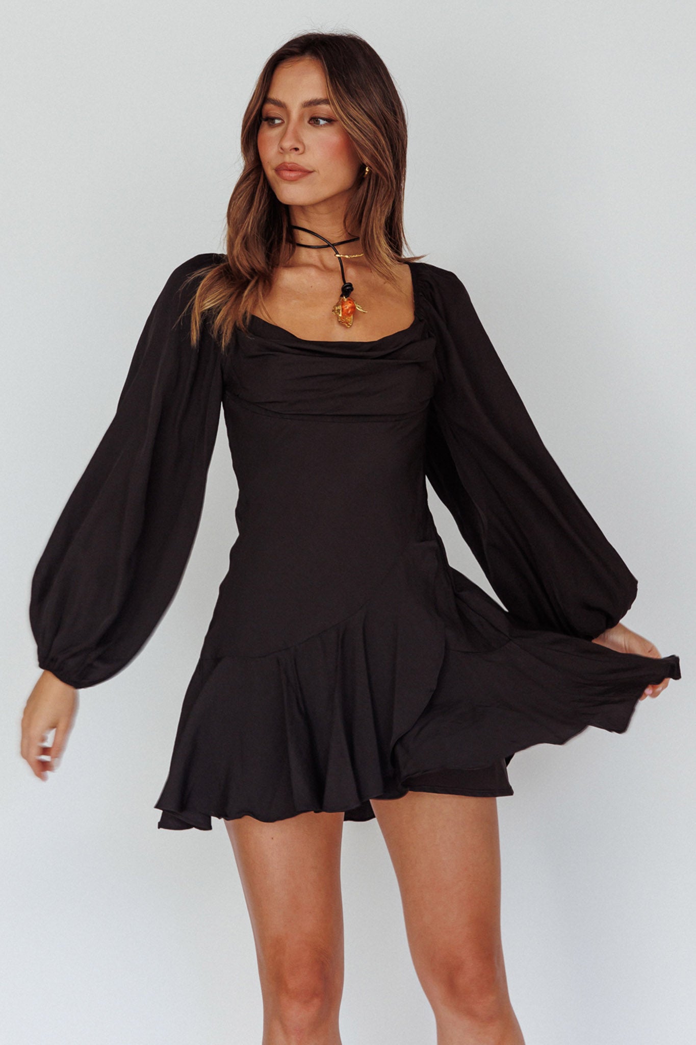 Beaujolais Long Sleeve Cowl Neckline Ruffle Satin Mini Dress Black by Selfie Leslie Australia