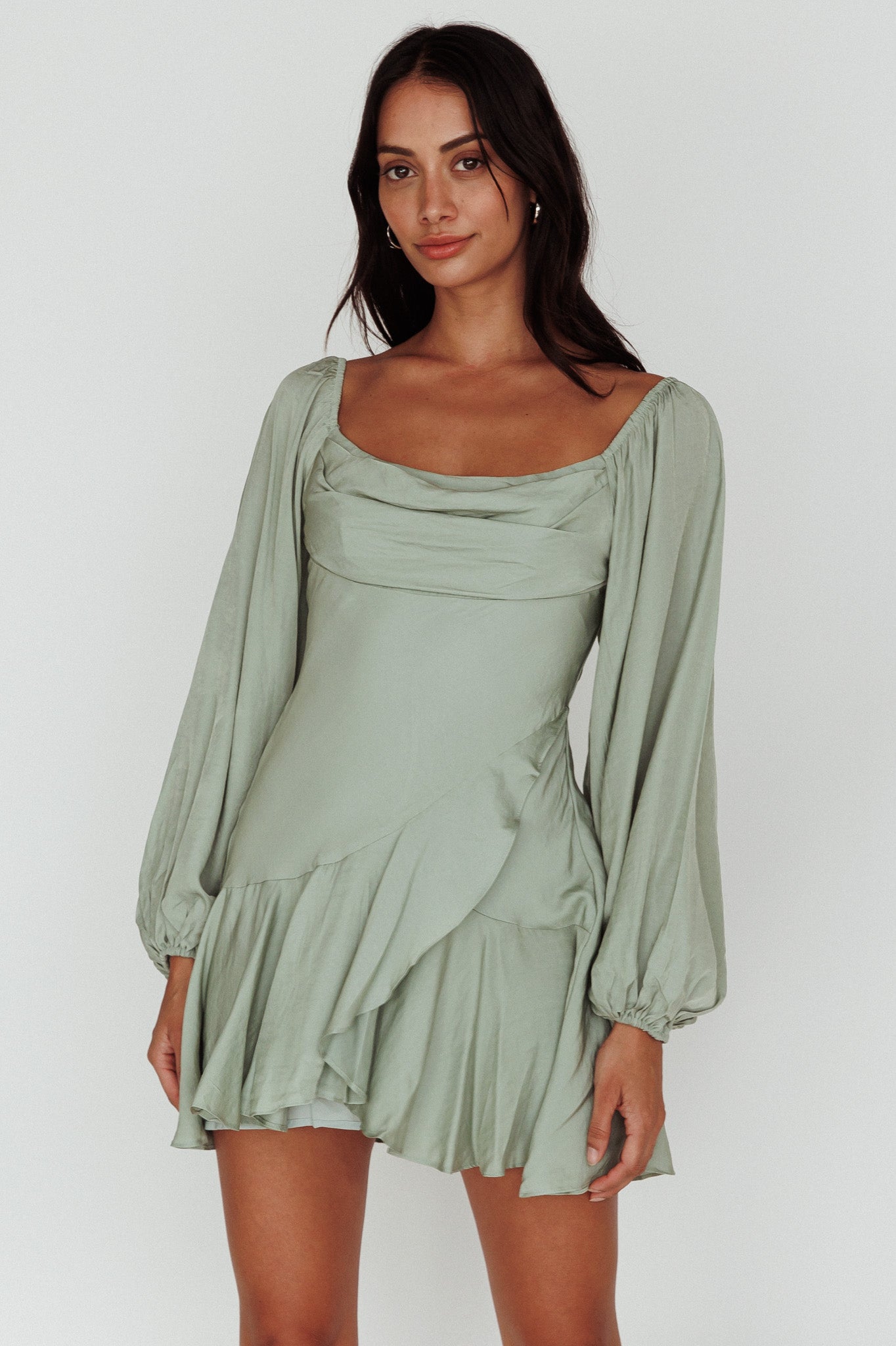 Beaujolais Long Sleeve Cowl Neckline Ruffle Mini Dress Sage by Selfie Leslie Australia