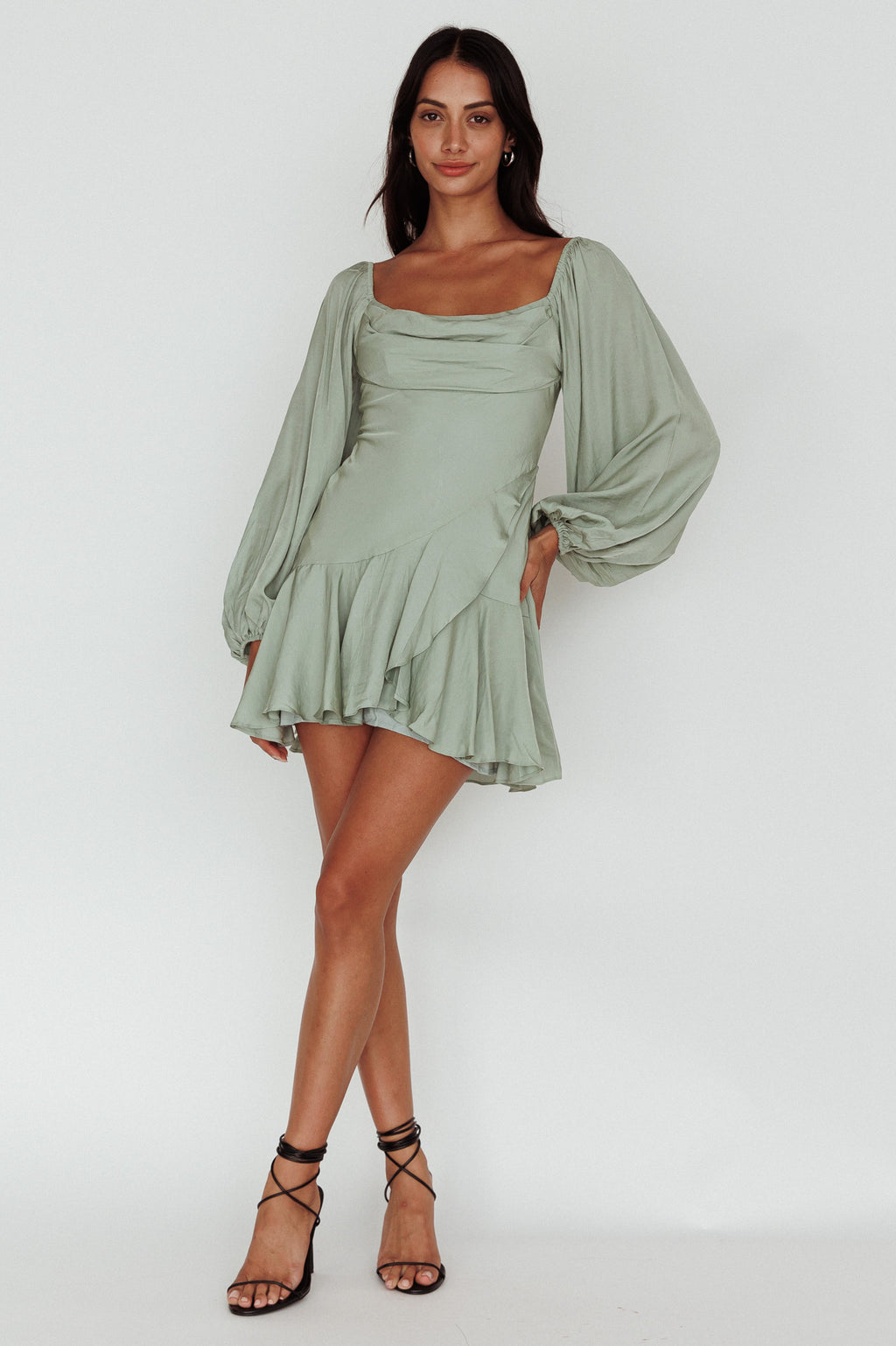 Beaujolais Long Sleeve Cowl Neckline Ruffle Mini Dress Sage by Selfie Leslie Australia