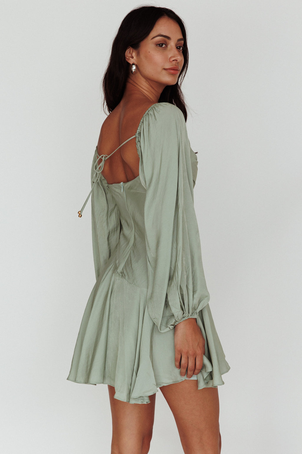 Beaujolais Long Sleeve Cowl Neckline Ruffle Mini Dress Sage by Selfie Leslie Australia