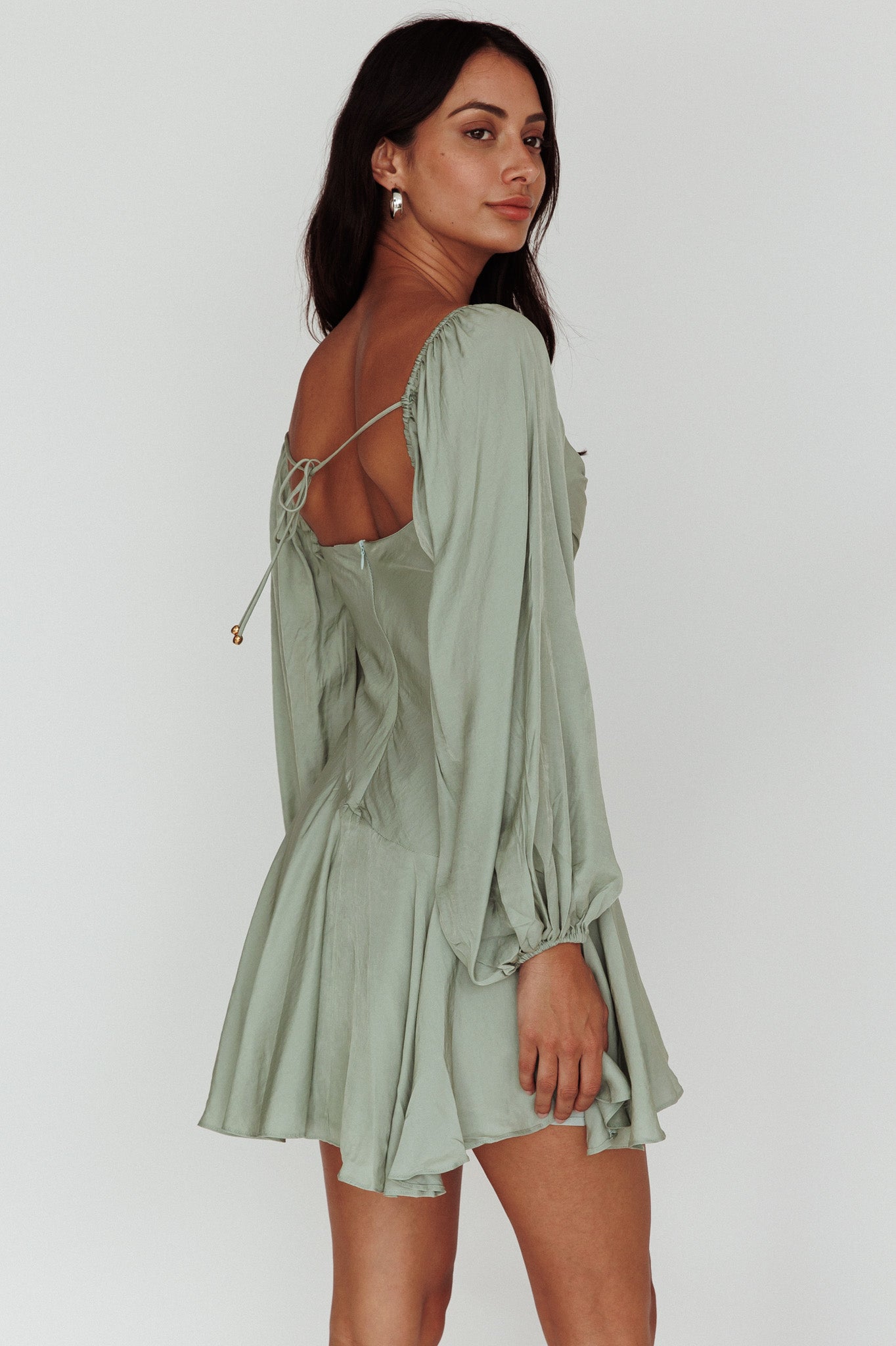 Beaujolais Long Sleeve Cowl Neckline Ruffle Mini Dress Sage by Selfie Leslie Australia
