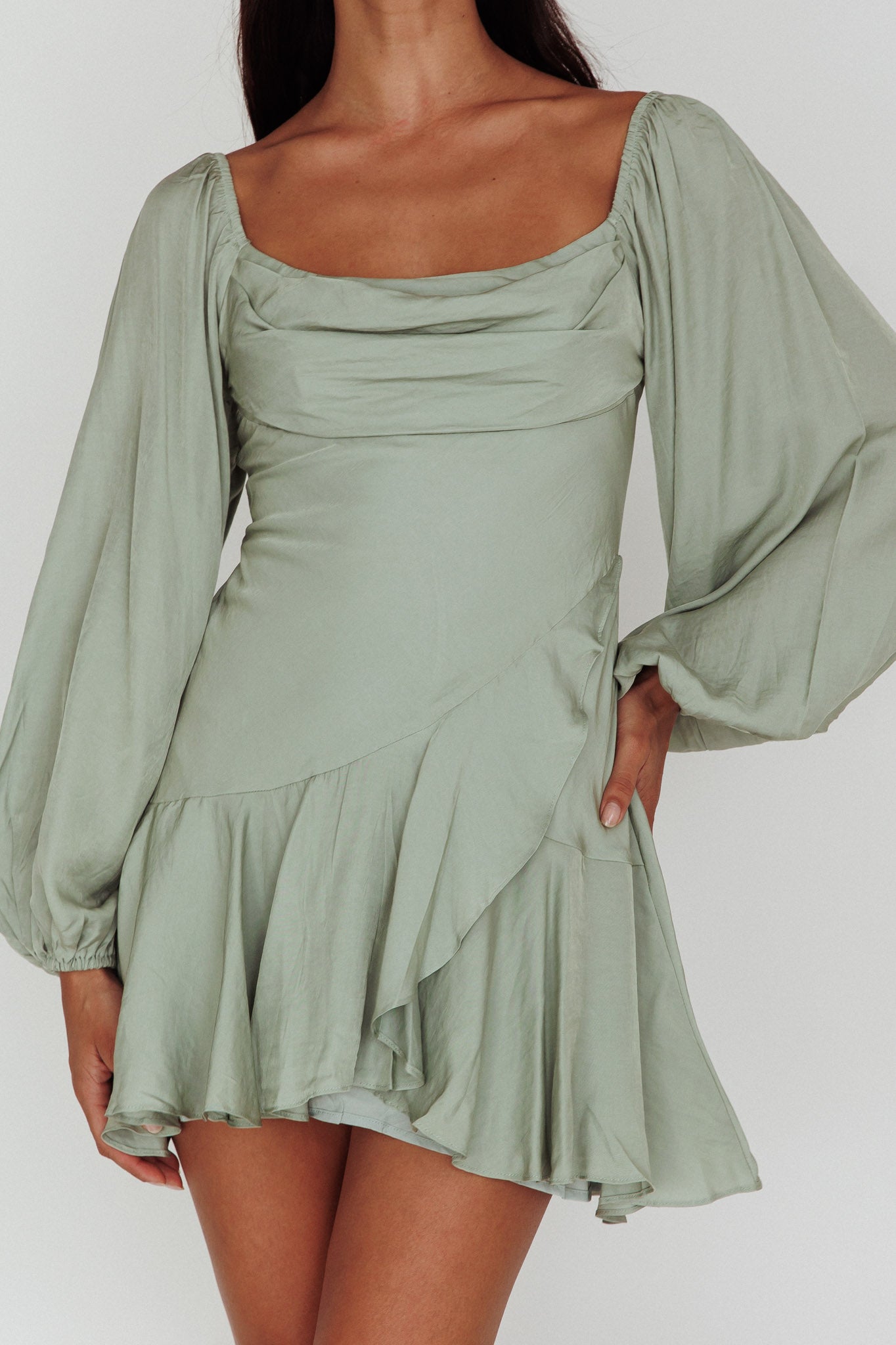 Beaujolais Long Sleeve Cowl Neckline Ruffle Mini Dress Sage by Selfie Leslie Australia