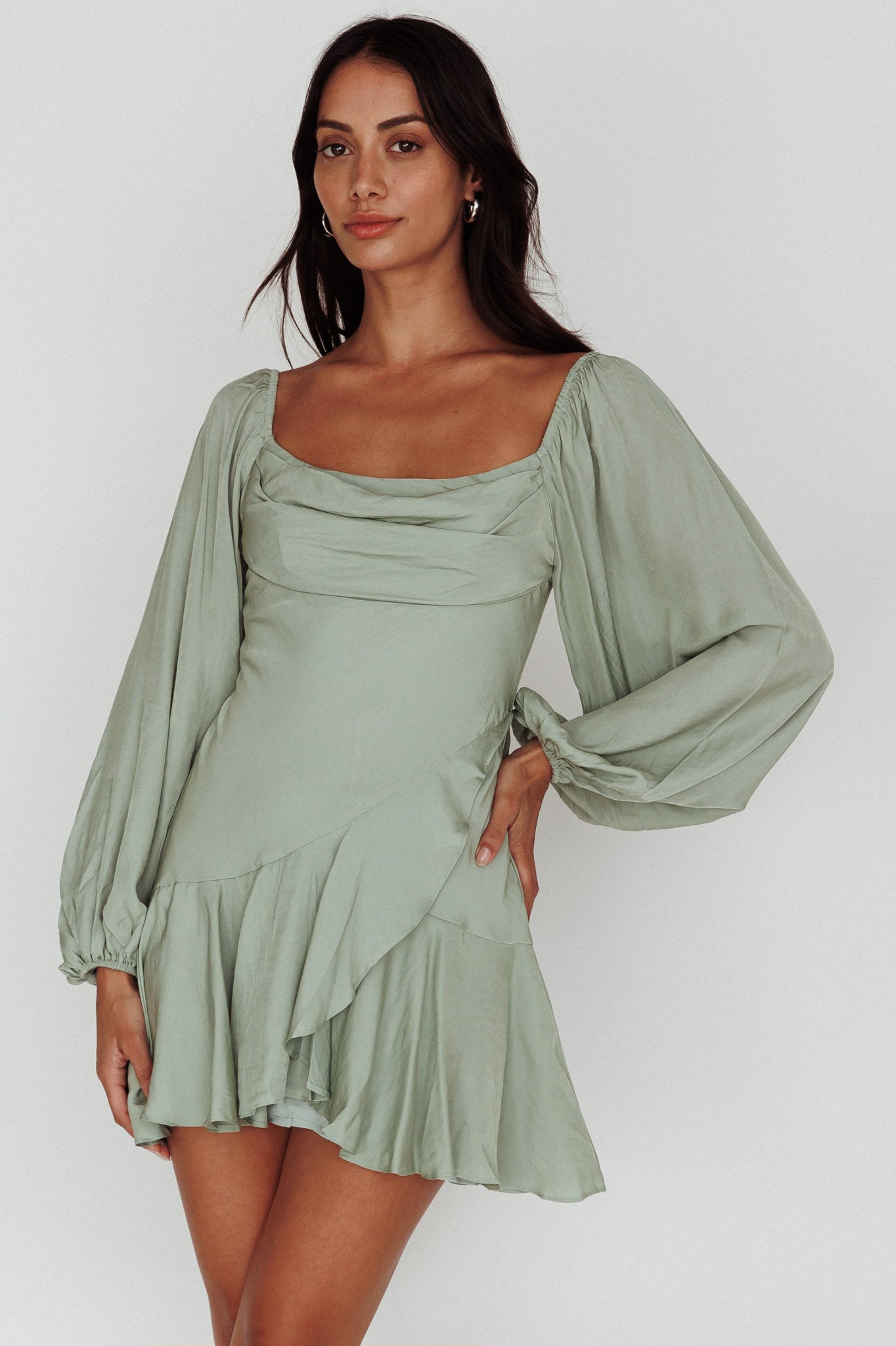 Beaujolais Long Sleeve Cowl Neckline Ruffle Mini Dress Sage by Selfie Leslie Australia