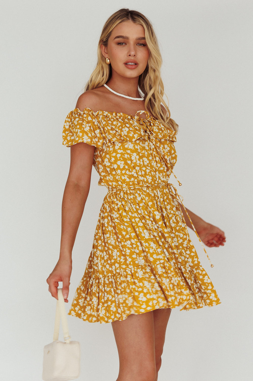 Andie Off-Shoulder Frill Dress Floral Yellow by Selfie Leslie Australia