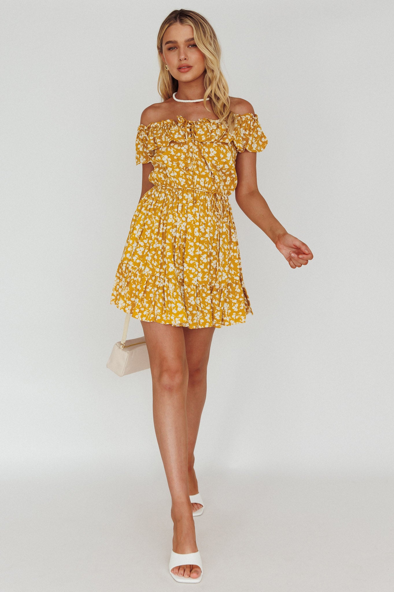 Andie Off-Shoulder Frill Dress Floral Yellow by Selfie Leslie Australia