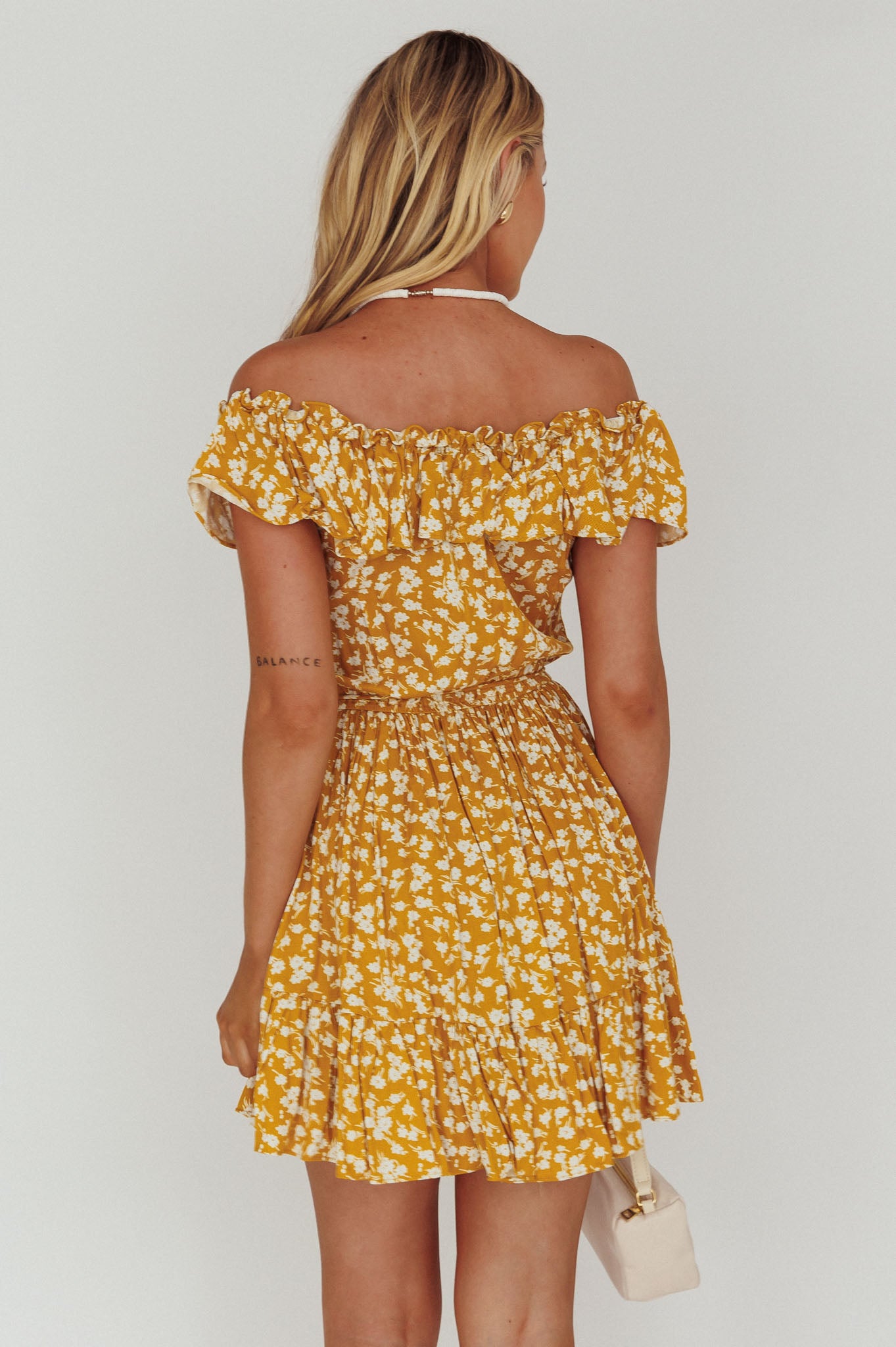 Andie Off-Shoulder Frill Dress Floral Yellow by Selfie Leslie Australia