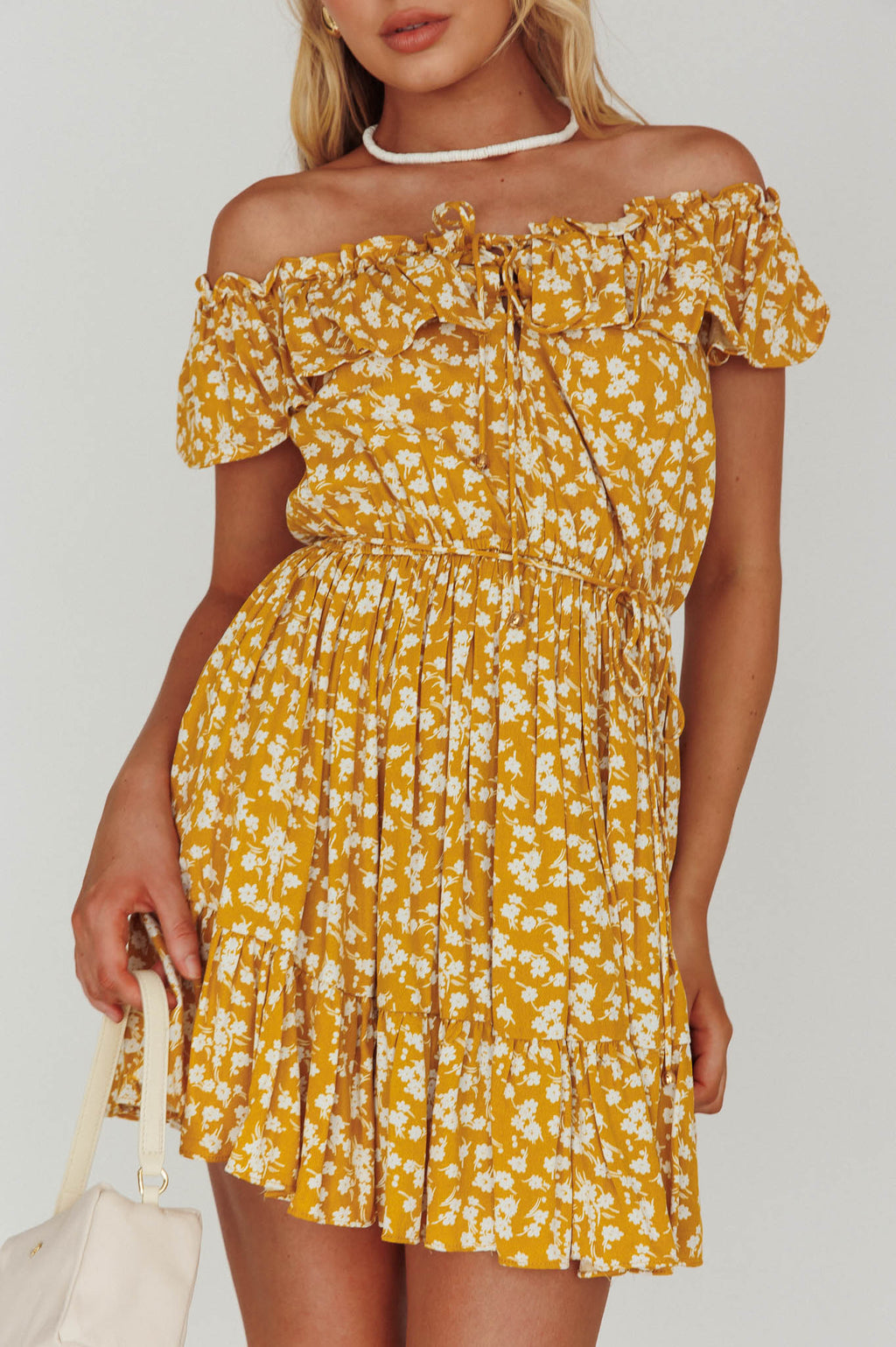 Andie Off-Shoulder Frill Dress Floral Yellow by Selfie Leslie Australia