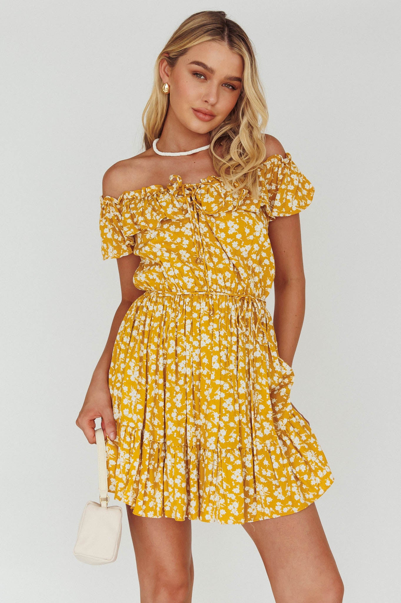Andie Off-Shoulder Frill Dress Floral Yellow by Selfie Leslie Australia