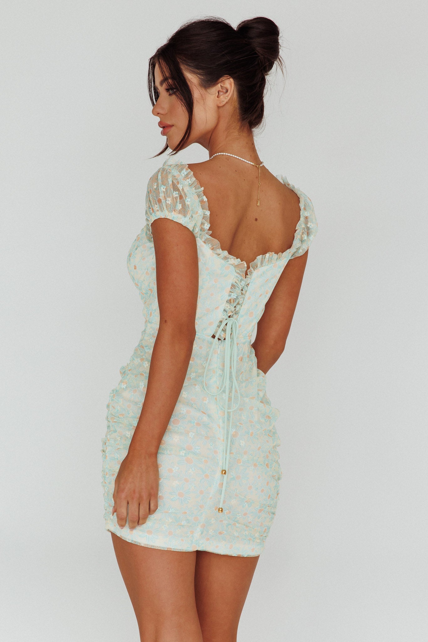 Daisy Chains Lace-up Back Mini Dress Green by Selfie Leslie Australia