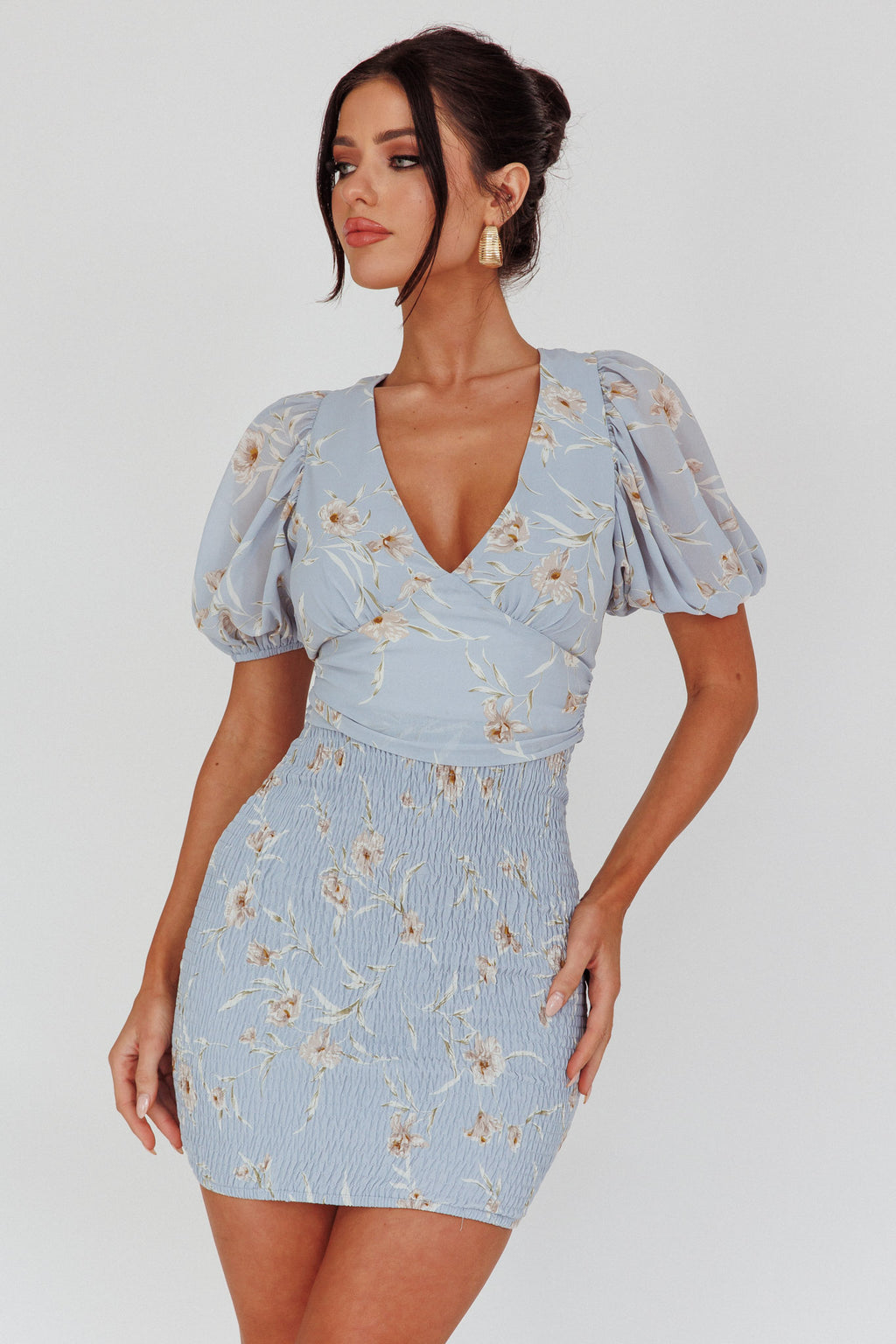 La Nena Shirred Mini Dress Floral Blue by Selfie Leslie Australia
