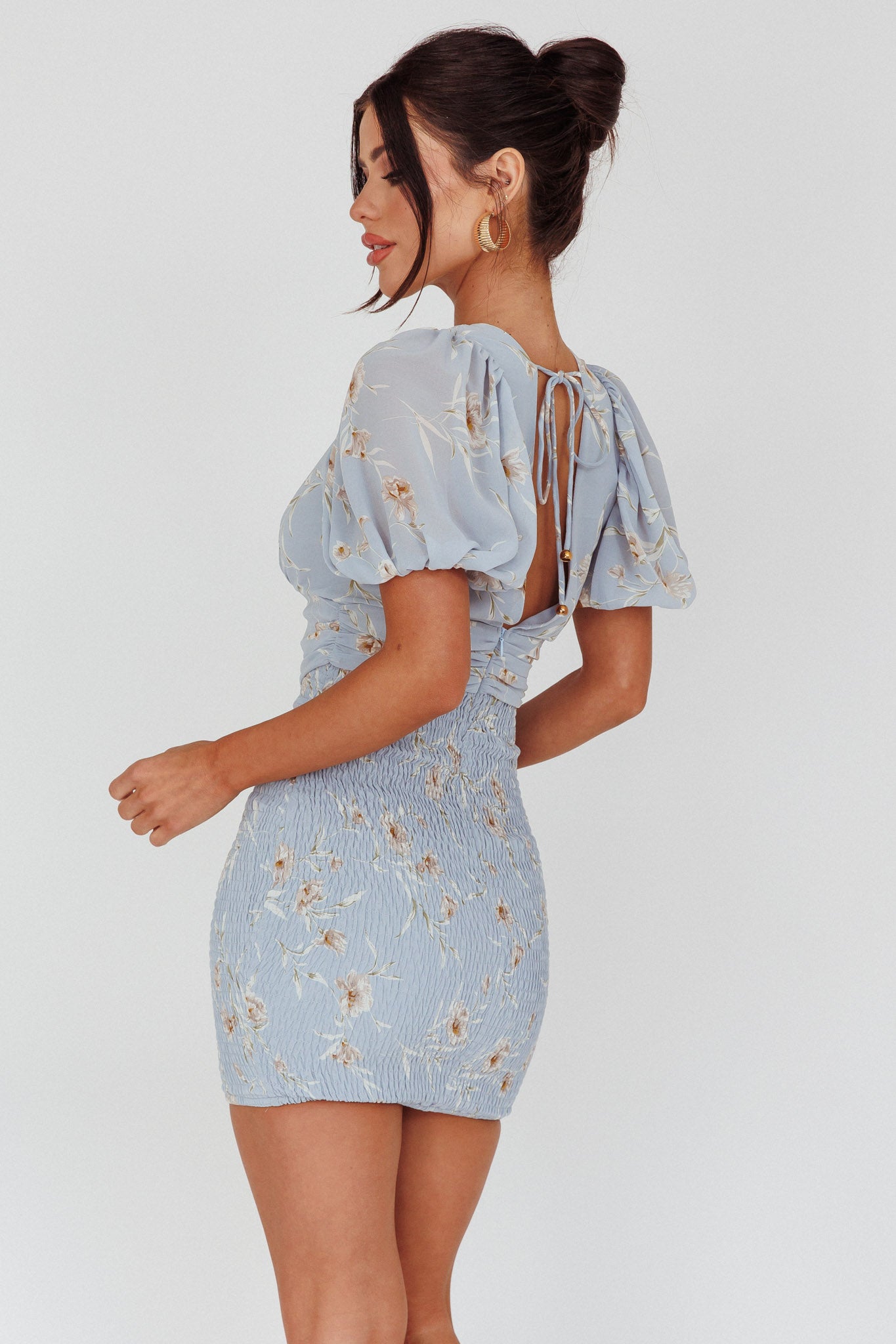 La Nena Shirred Mini Dress Floral Blue by Selfie Leslie Australia