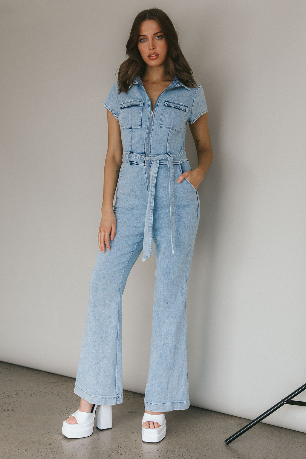 California Girl Short Sleeve Waist Tie Jumpsuit Denim Blue by Selfie Leslie Australia