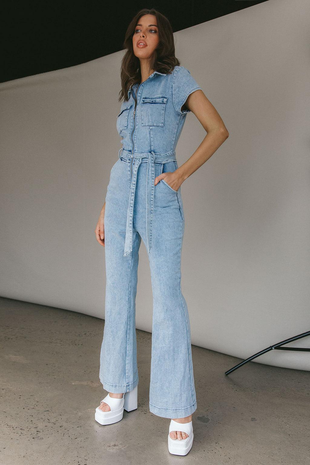 California Girl Short Sleeve Waist Tie Jumpsuit Denim Blue by Selfie Leslie Australia
