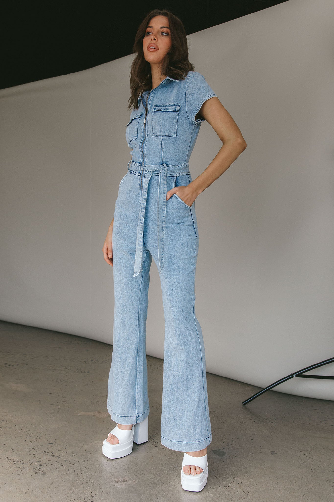 California Girl Short Sleeve Waist Tie Jumpsuit Denim Blue by Selfie Leslie Australia