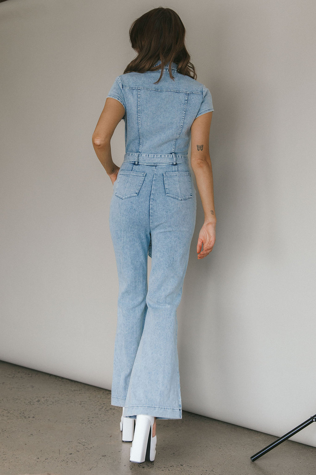 California Girl Short Sleeve Waist Tie Jumpsuit Denim Blue by Selfie Leslie Australia