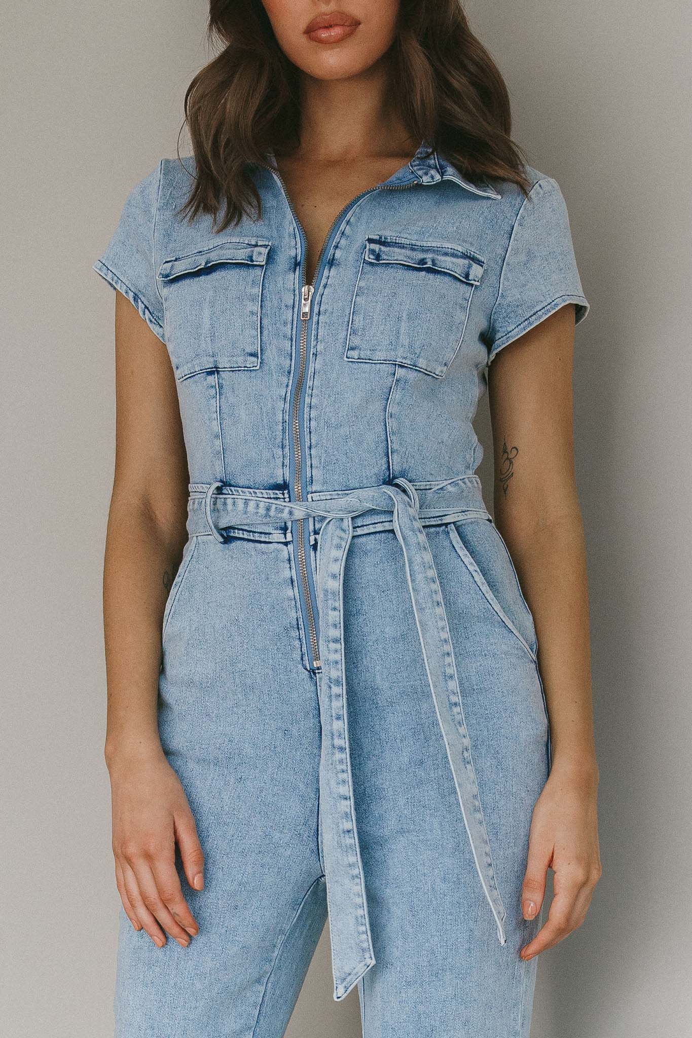 California Girl Short Sleeve Waist Tie Jumpsuit Denim Blue by Selfie Leslie Australia