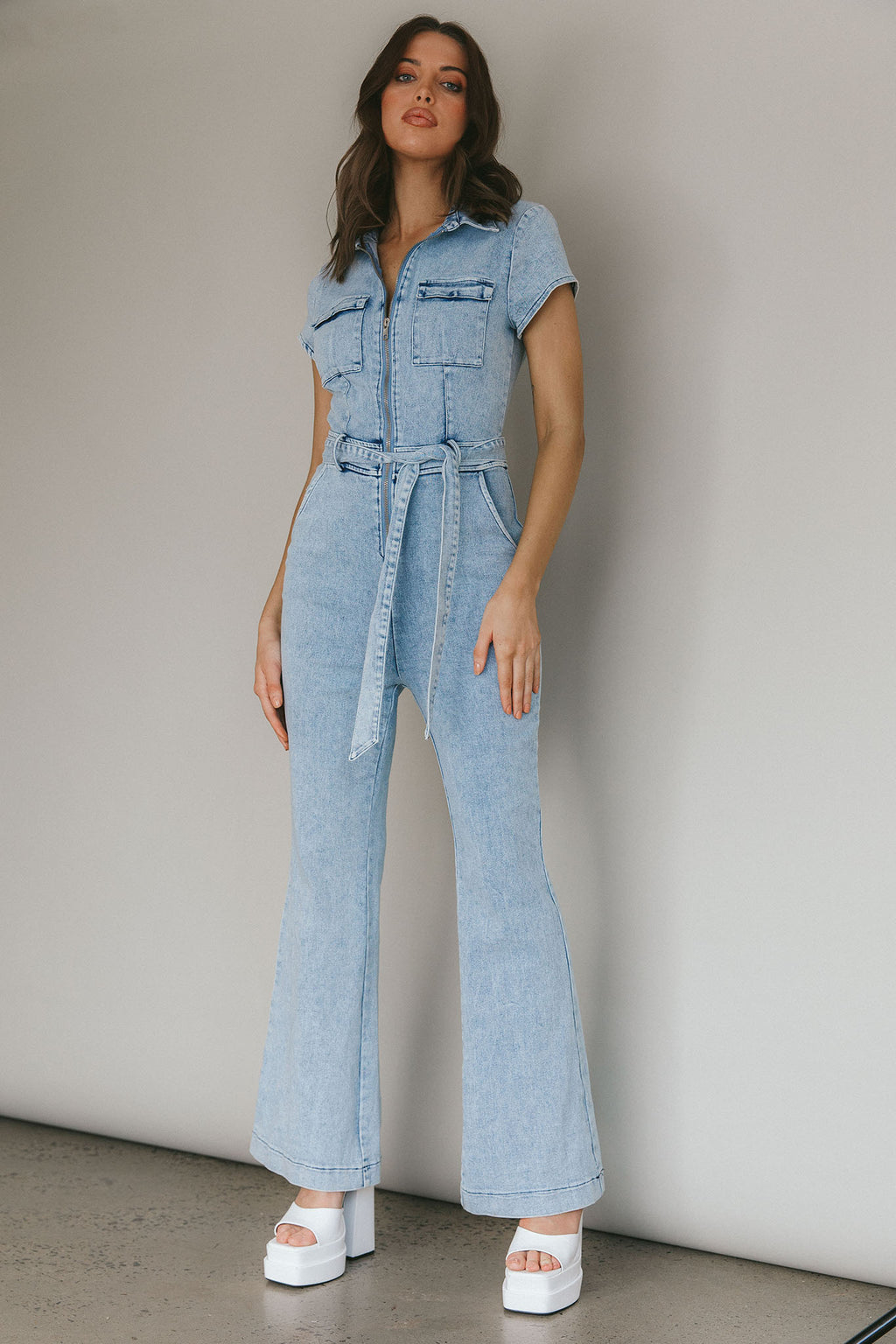 California Girl Short Sleeve Waist Tie Jumpsuit Denim Blue by Selfie Leslie Australia