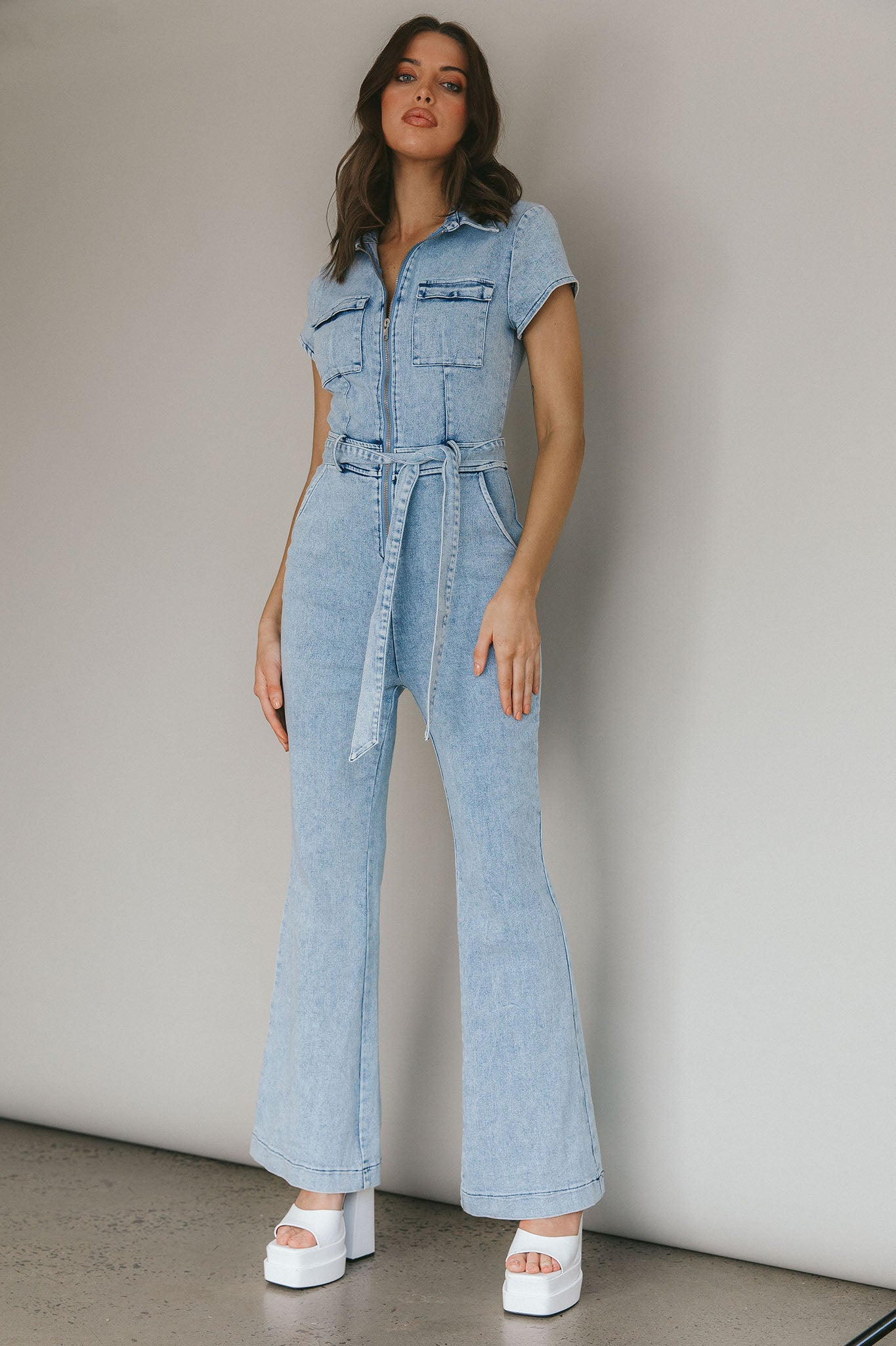 California Girl Short Sleeve Waist Tie Jumpsuit Denim Blue by Selfie Leslie Australia