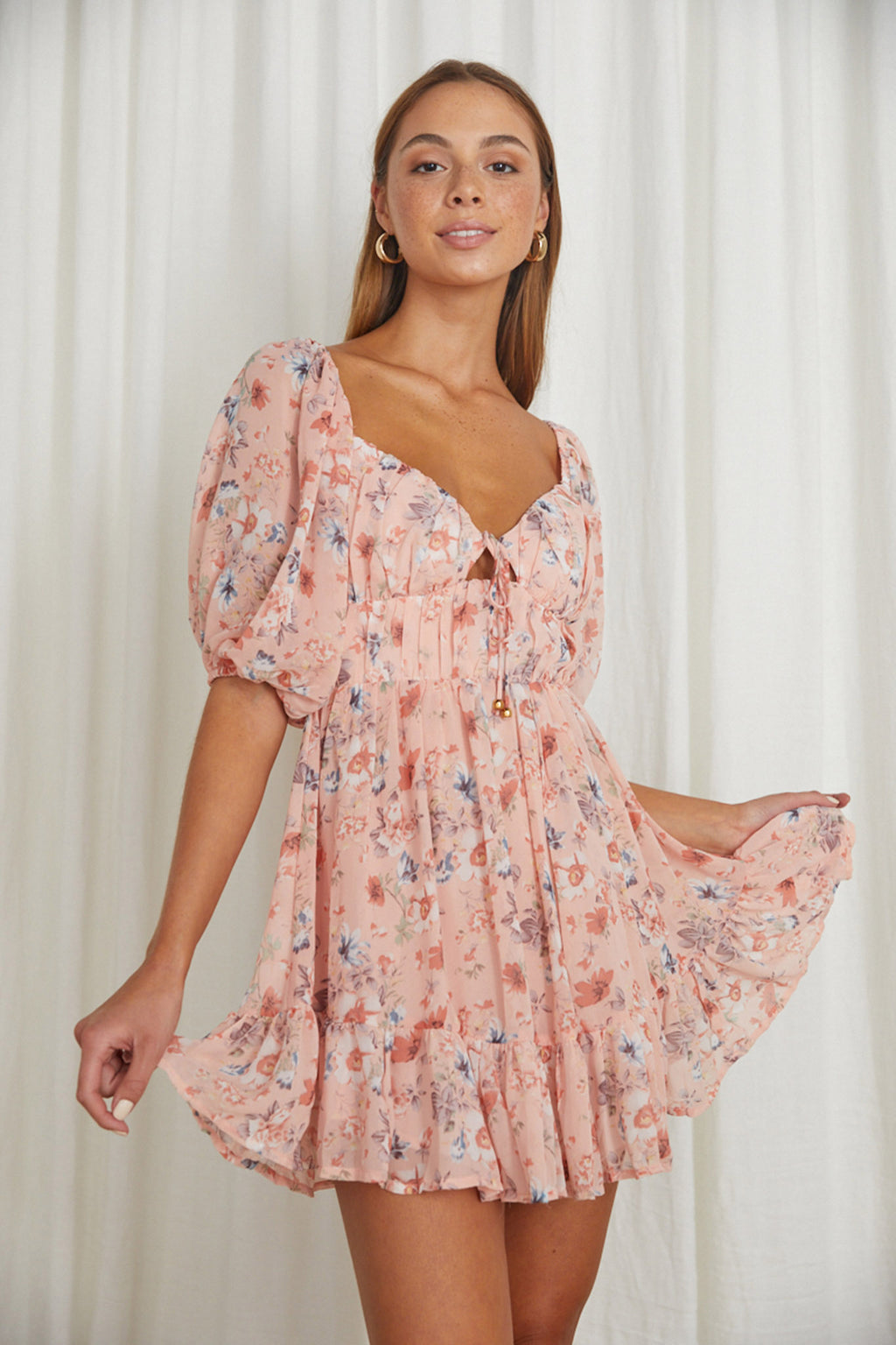 Vista Del Mar Tied Bust Mini Dress Floral Pink by Selfie Leslie Australia