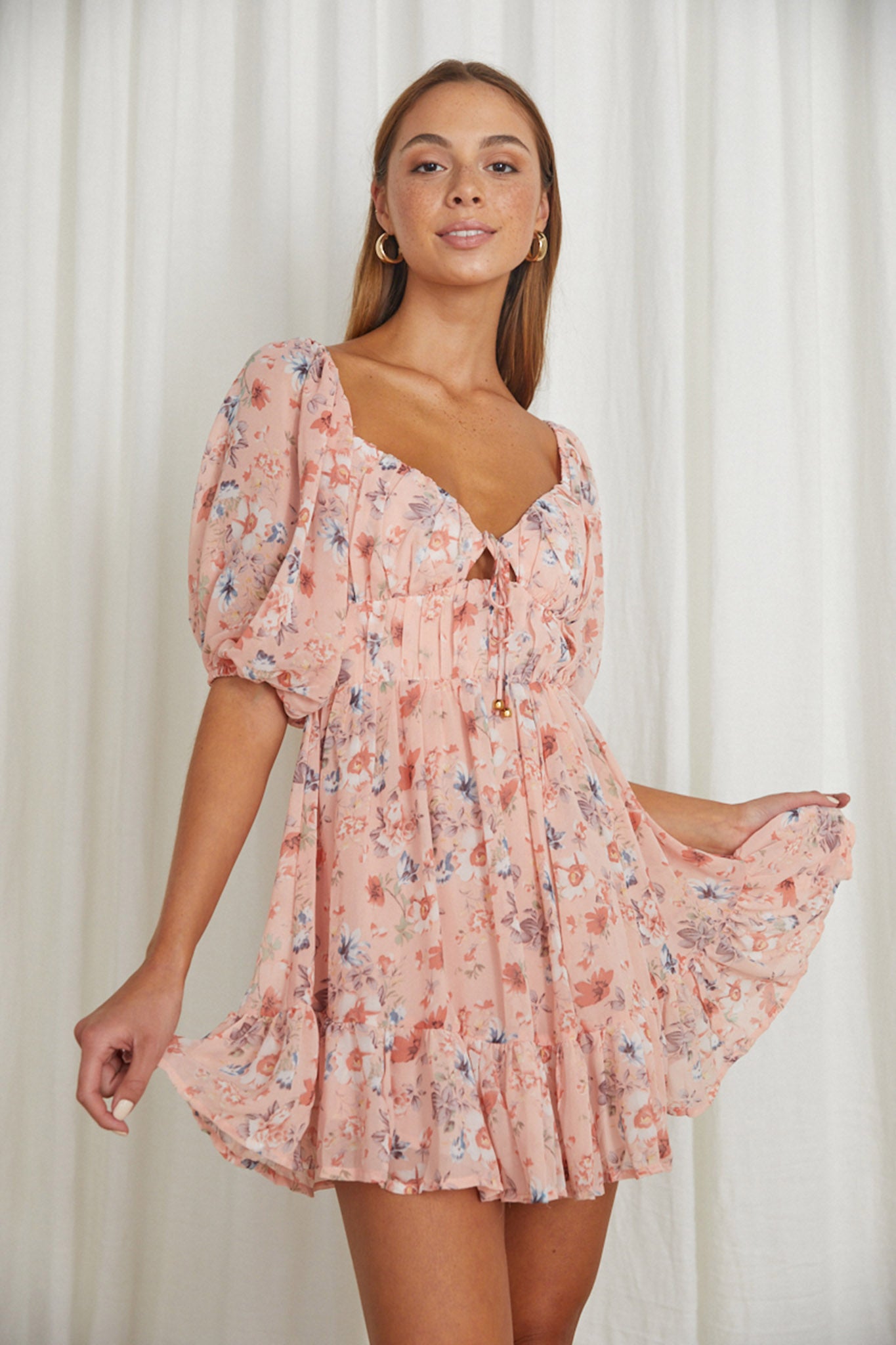 Vista Del Mar Tied Bust Mini Dress Floral Pink by Selfie Leslie Australia