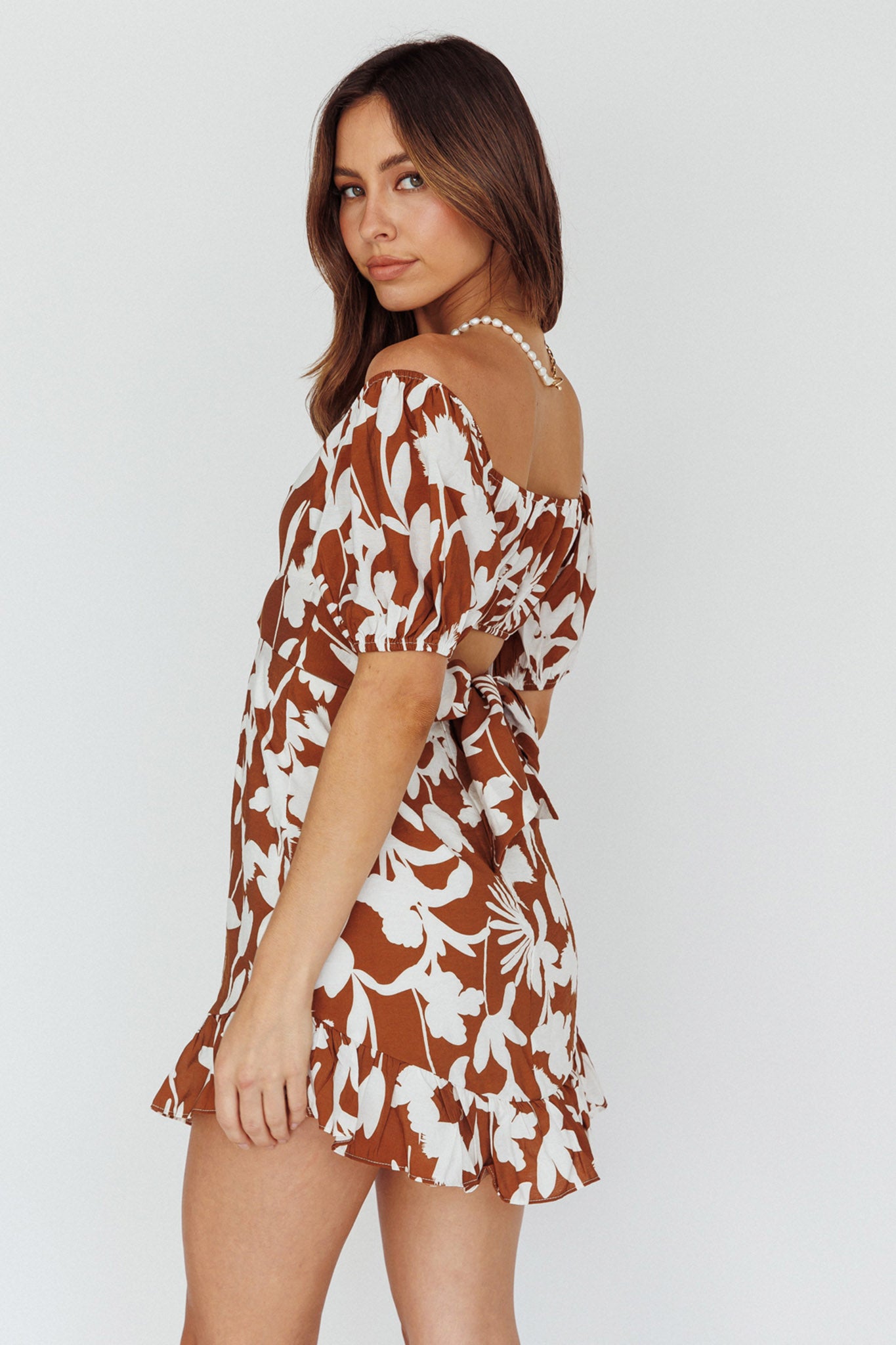 Palm Beach Puff Sleeve Dress Printed Tan by Selfie Leslie Australia