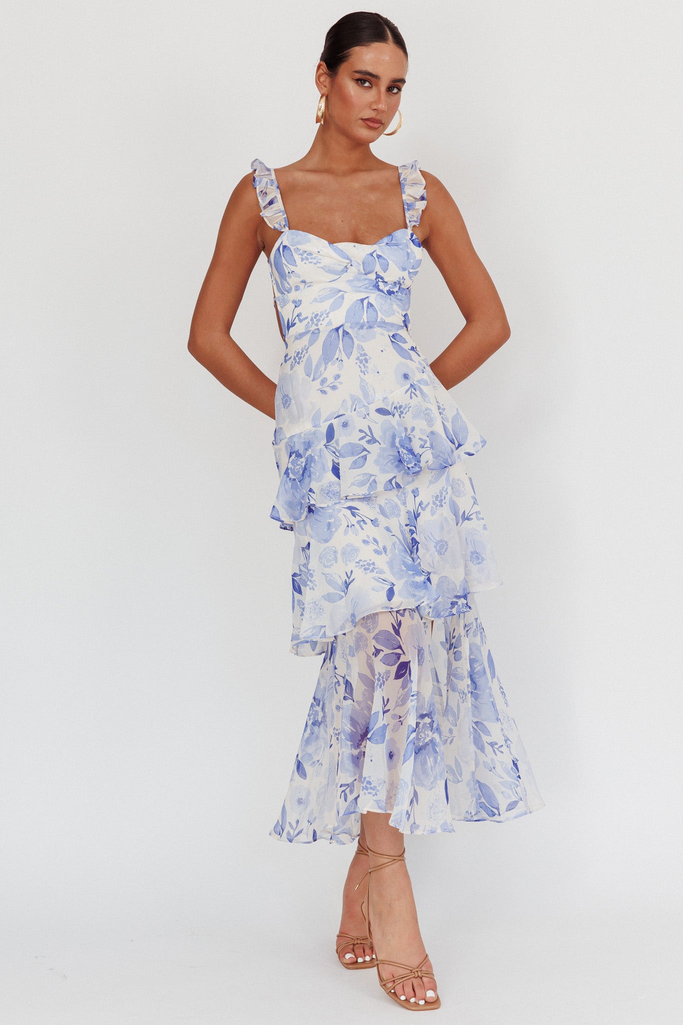 Veda Strappy Back Ruffle Maxi Dress Flowers Blue by Selfie Leslie Australia