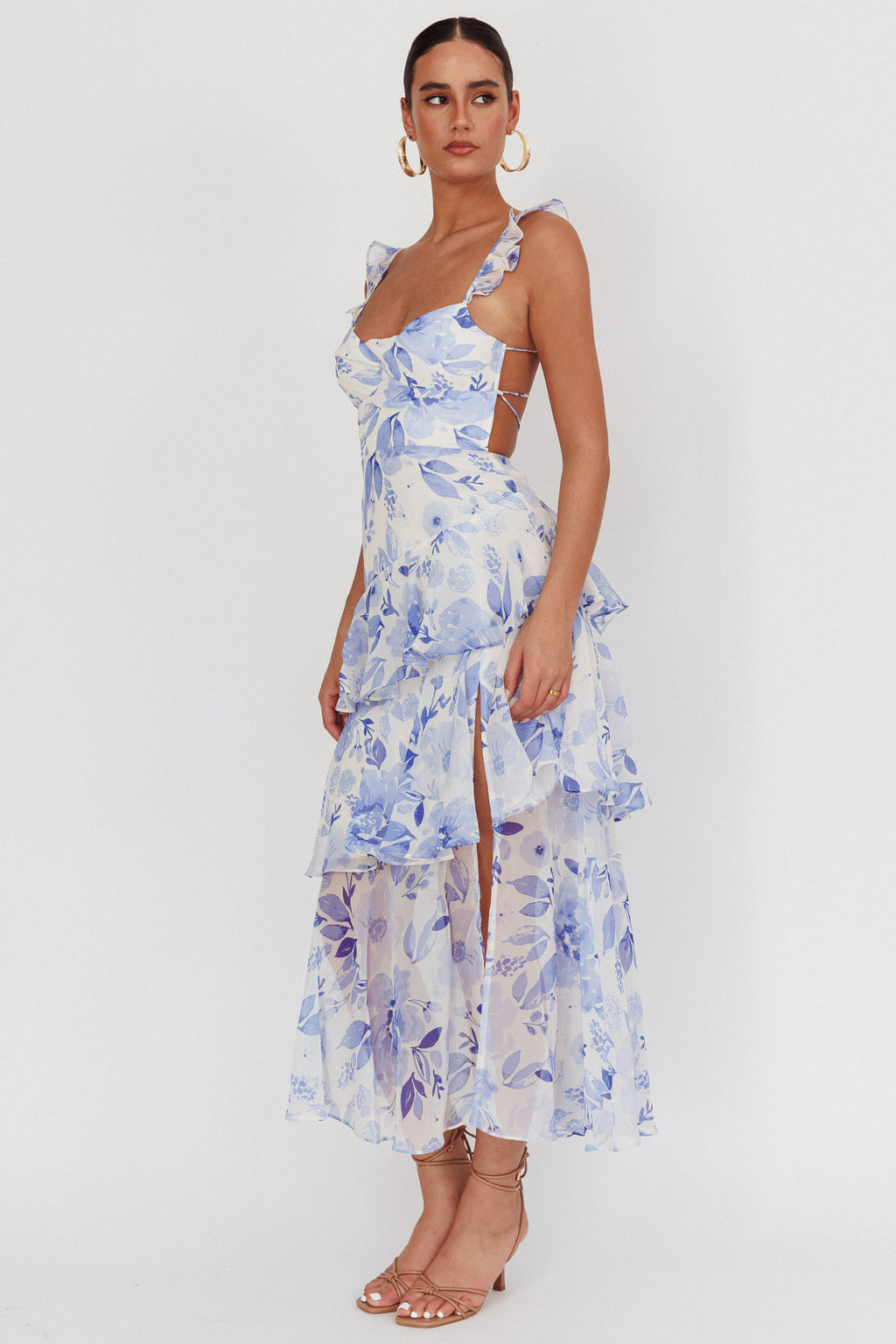 Veda Strappy Back Ruffle Maxi Dress Flowers Blue by Selfie Leslie Australia