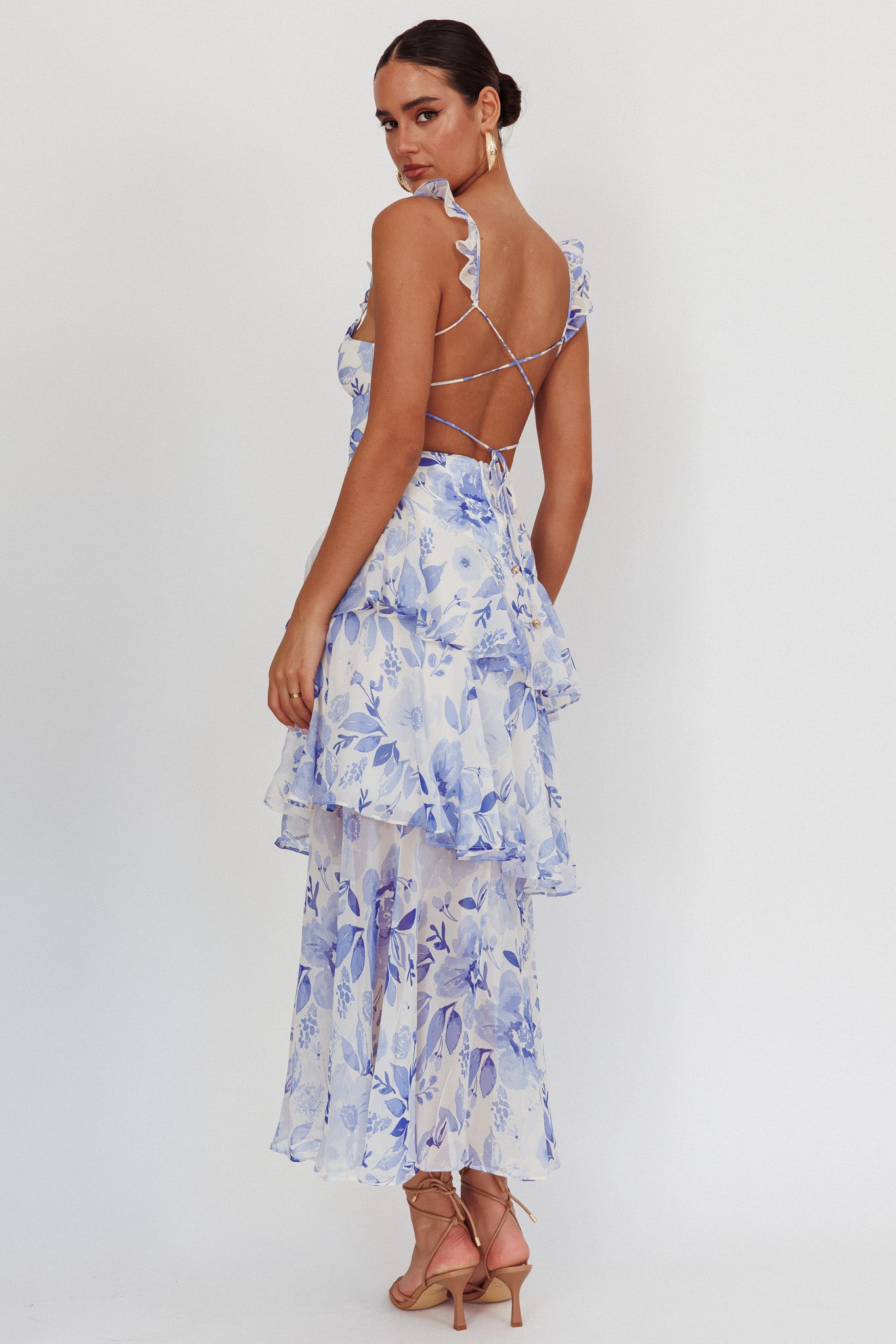 Veda Strappy Back Ruffle Maxi Dress Flowers Blue by Selfie Leslie Australia