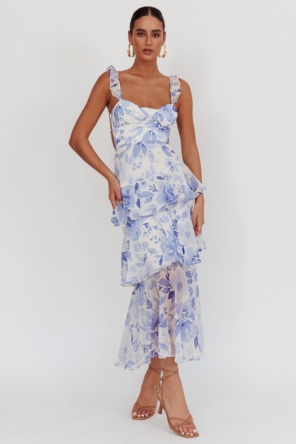 Veda Strappy Back Ruffle Maxi Dress Flowers Blue by Selfie Leslie Australia