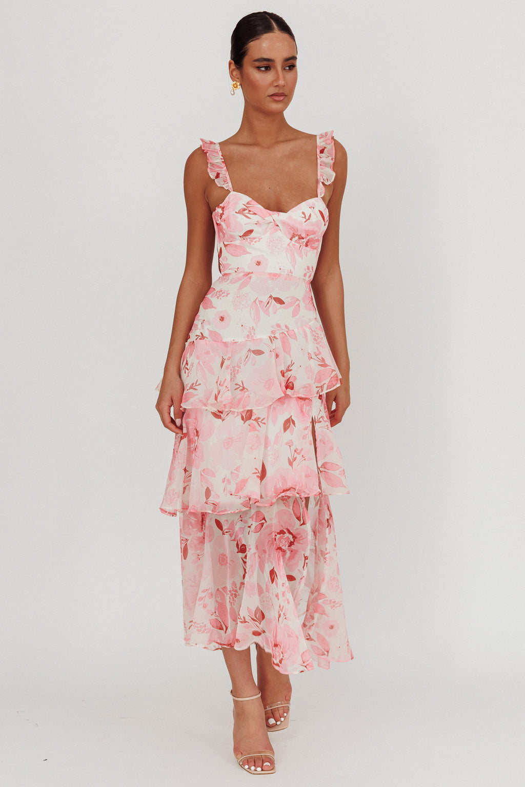 Veda Strappy Back Ruffle Maxi Dress Flowers Blush by Selfie Leslie Australia