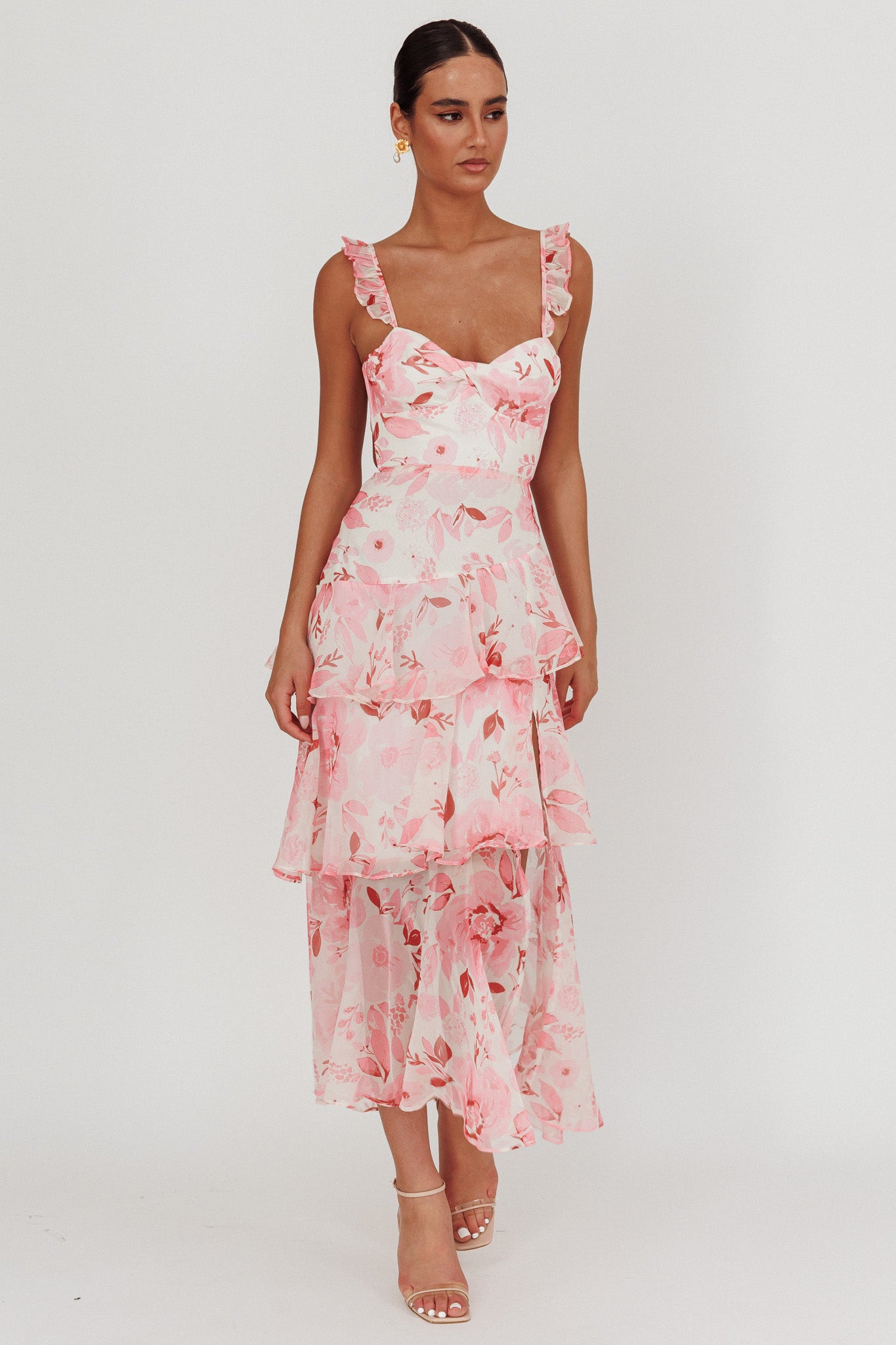 Veda Strappy Back Ruffle Maxi Dress Flowers Blush by Selfie Leslie Australia